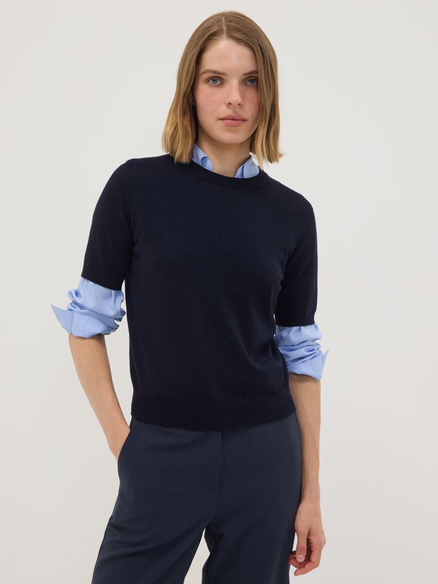 Navy wool-blend crew-neck short-sleeve jumper, regular fit_1