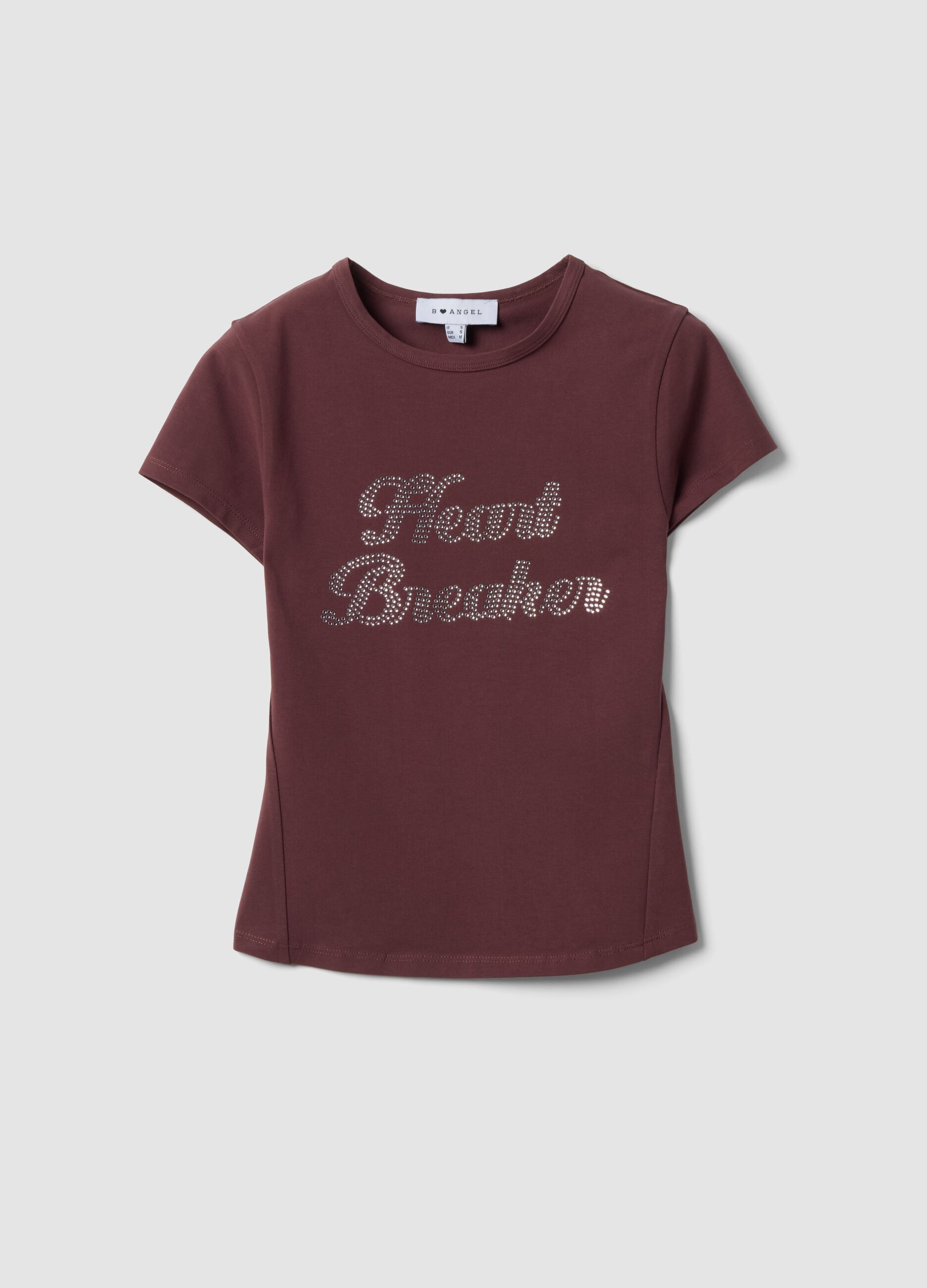 Brown fitted stretch-cotton T-shirt with rhinestone embellishments