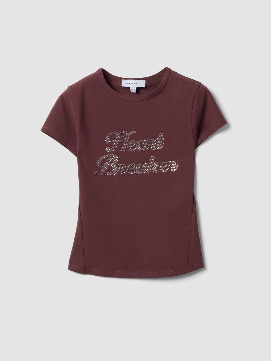 Brown fitted stretch-cotton T-shirt with rhinestone embellishments_4