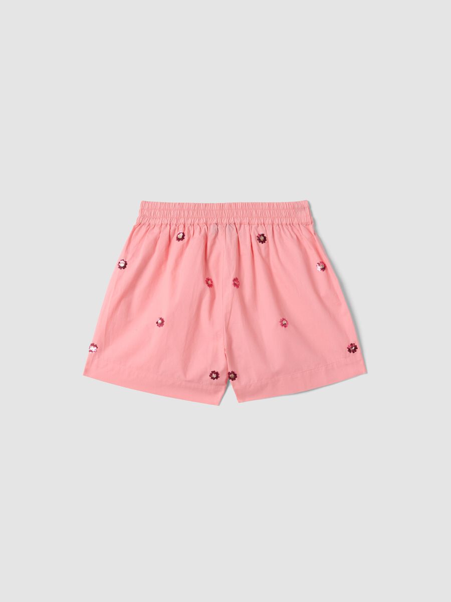 Pink pure cotton shorts with floral sequins_1