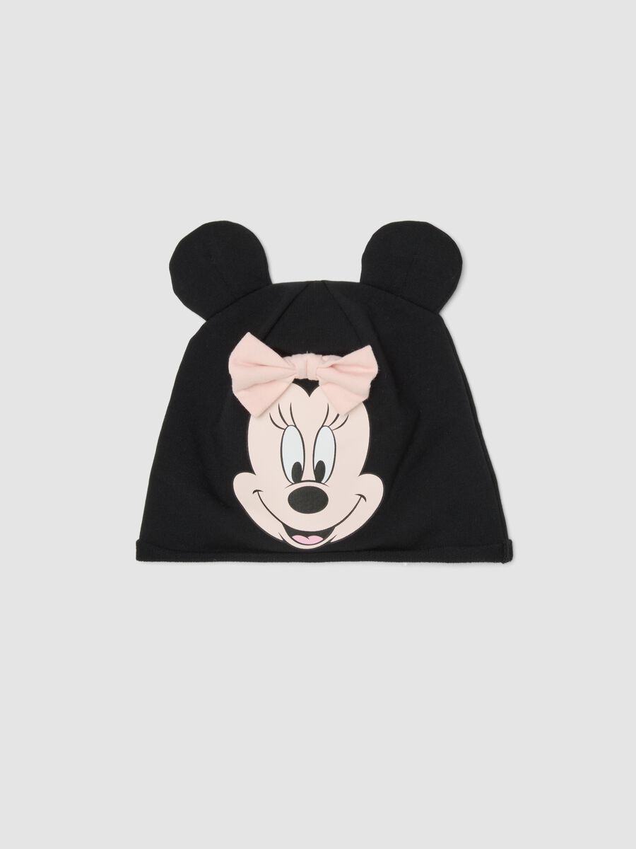 Cappello nero in cotone organico elasticizzato con stampa Minnie e fiocco_0