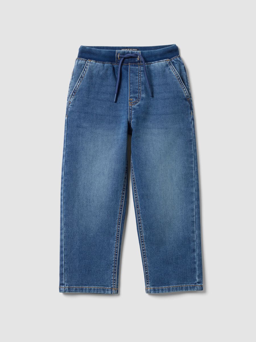 Blue denim joggers in stretch cotton with elasticated waistband for boys_0