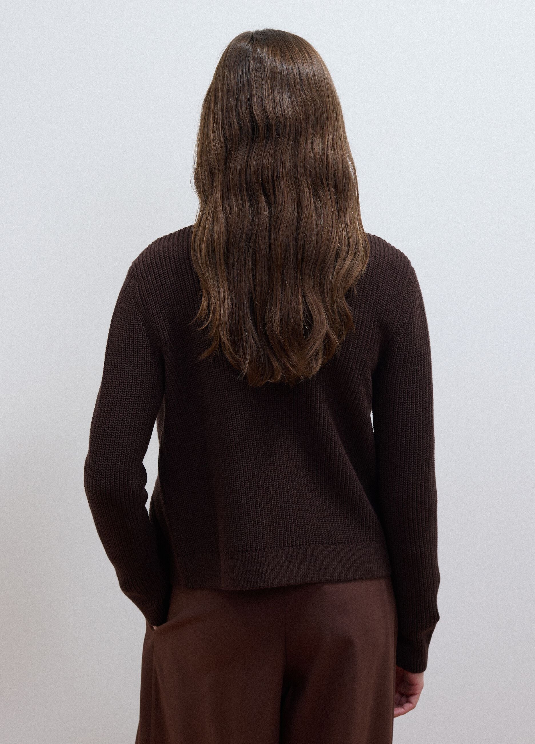 Brown pure cotton crew-neck knit cardigan