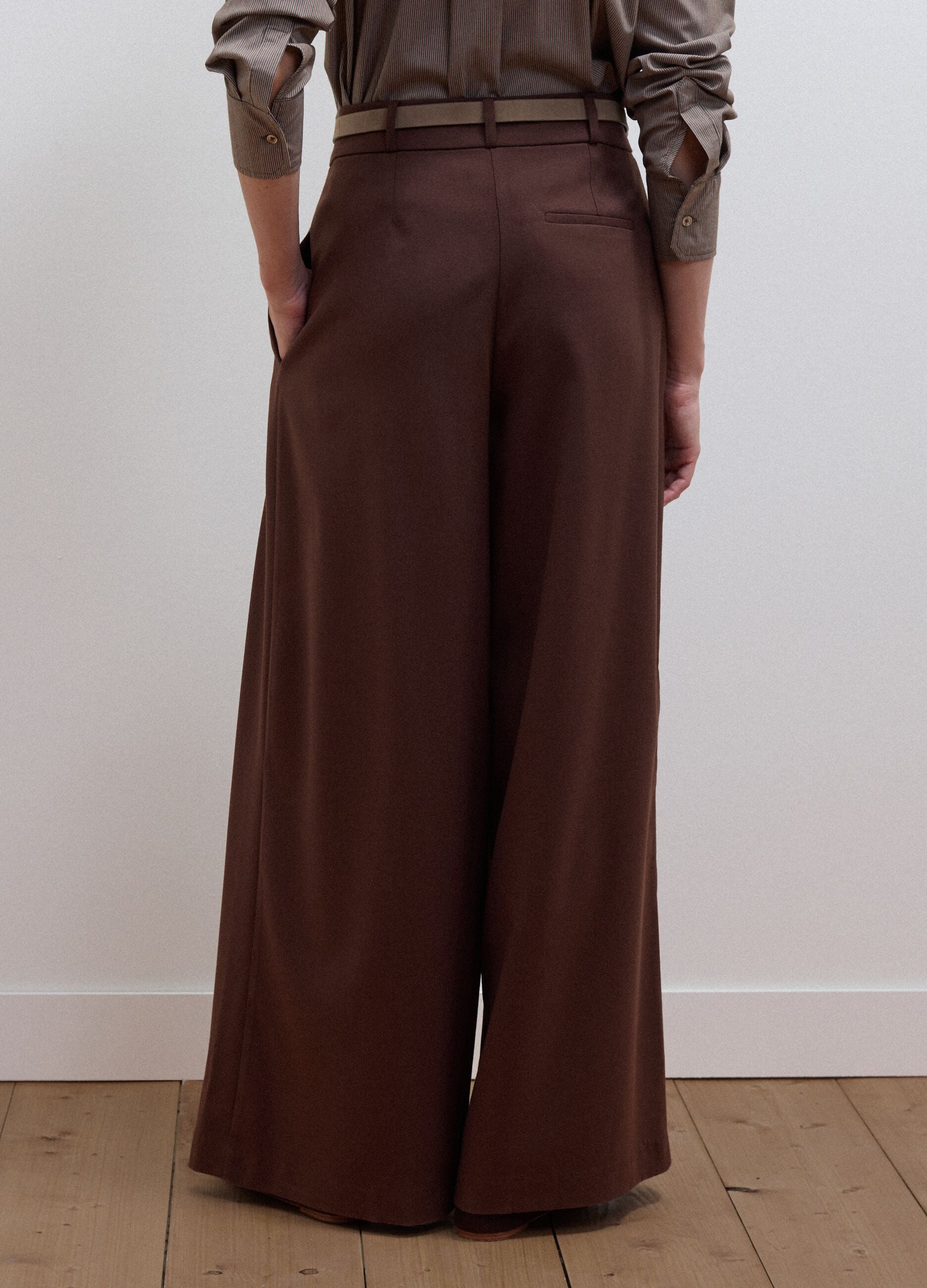Brown wide-leg formal trousers in stretch viscose with belt