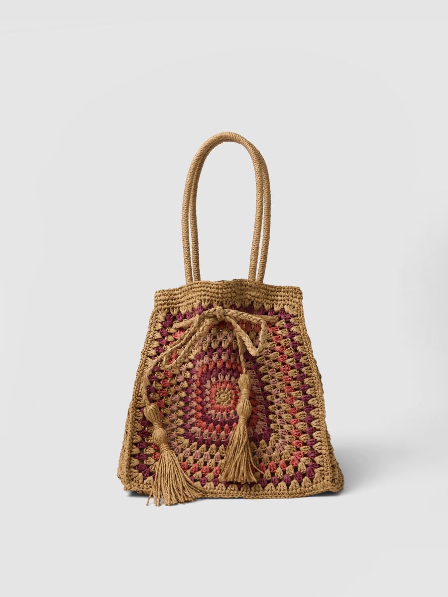 Shopper beige in puro tessuto carta con dettagli colorati_0