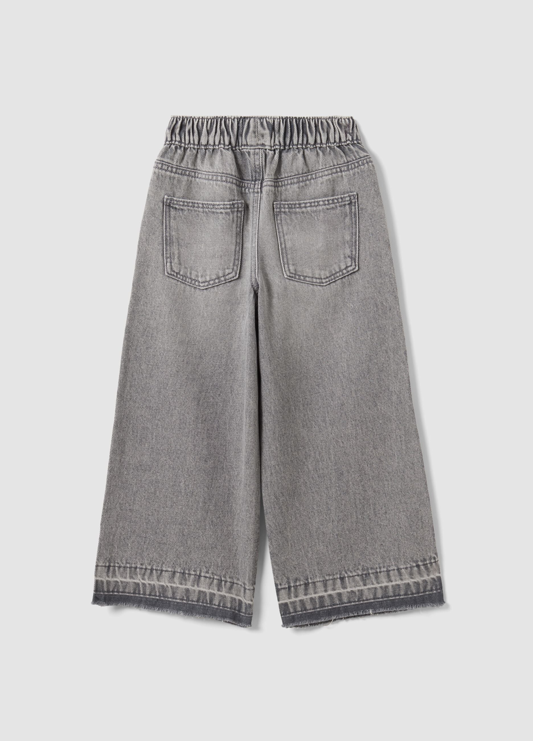 Girls' Grey Wide-Leg Pure Cotton Jeans with Elasticated Waist