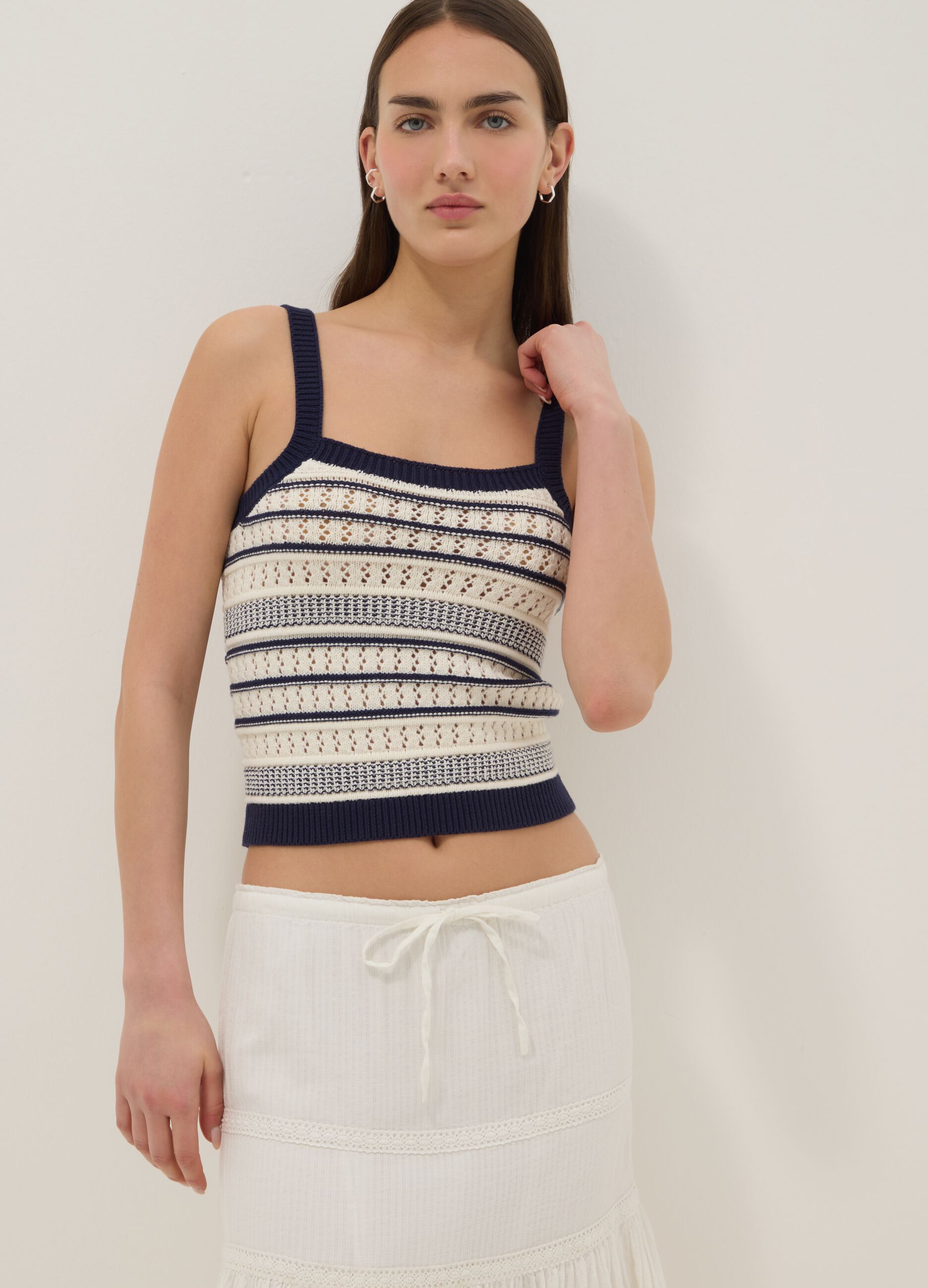 Fitted pure cotton multicolour striped vest with thin straps