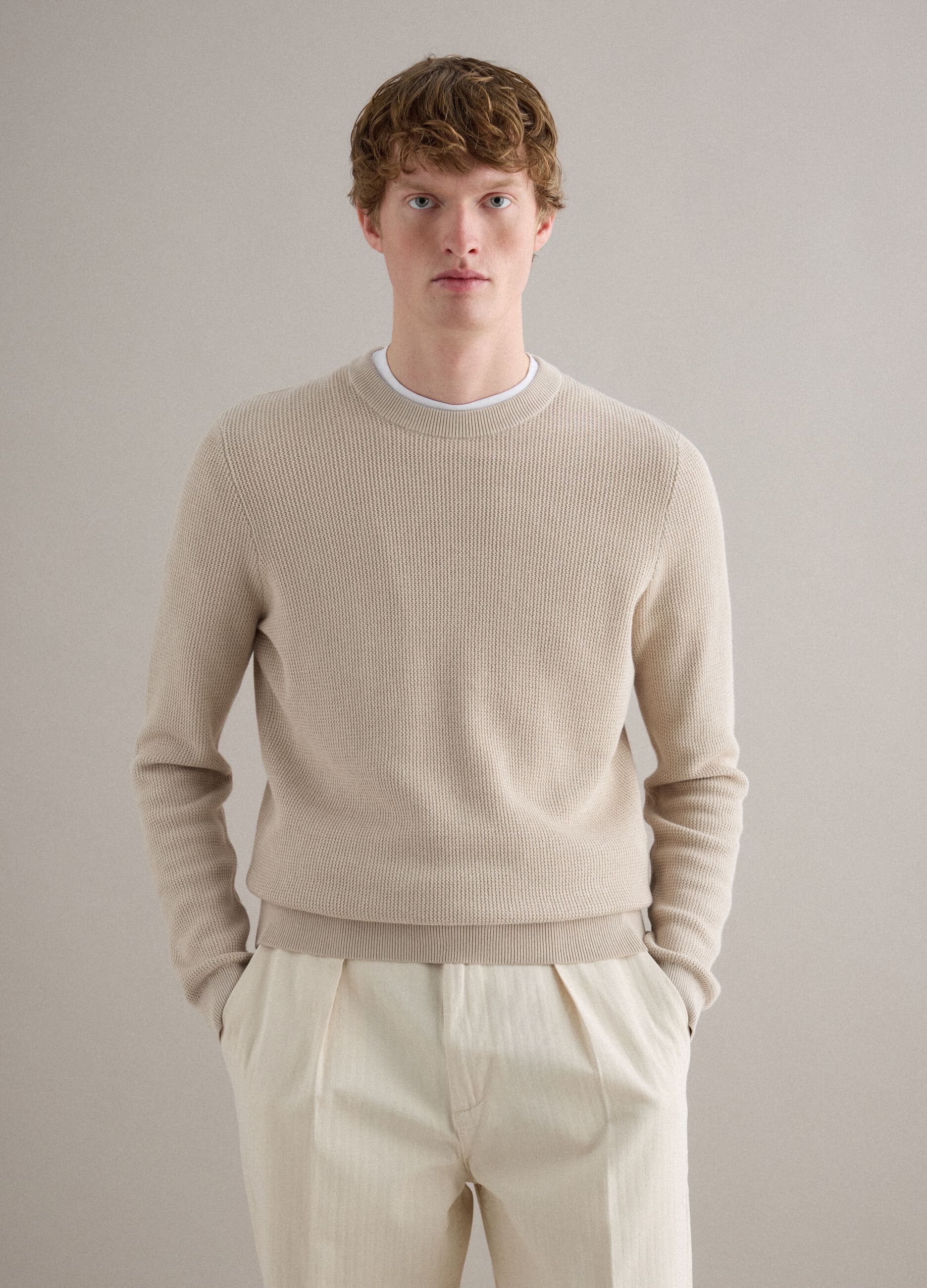 Beige pure cotton crew neck sweater regular fit