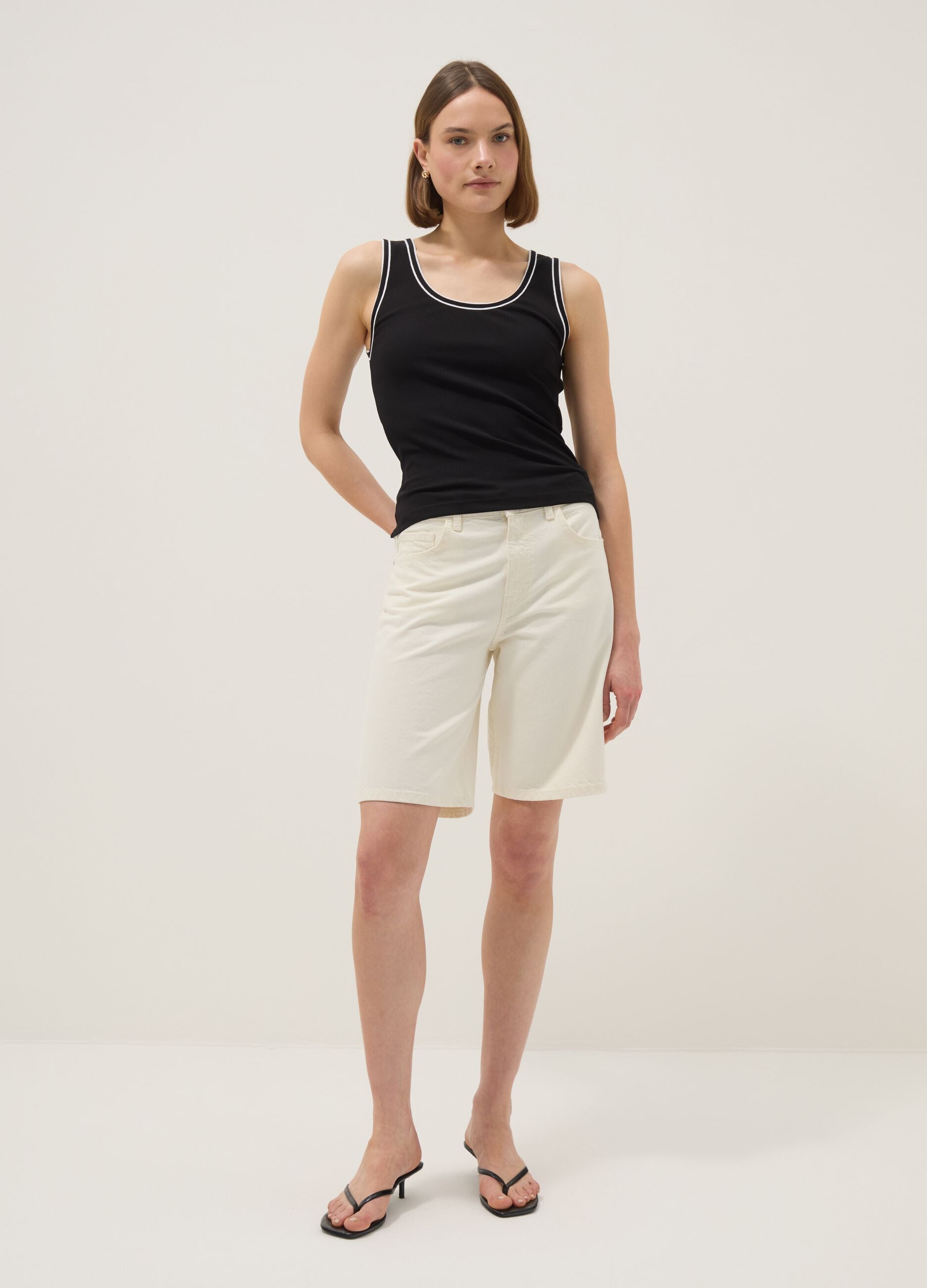 Beige wide leg pure cotton denim shorts
