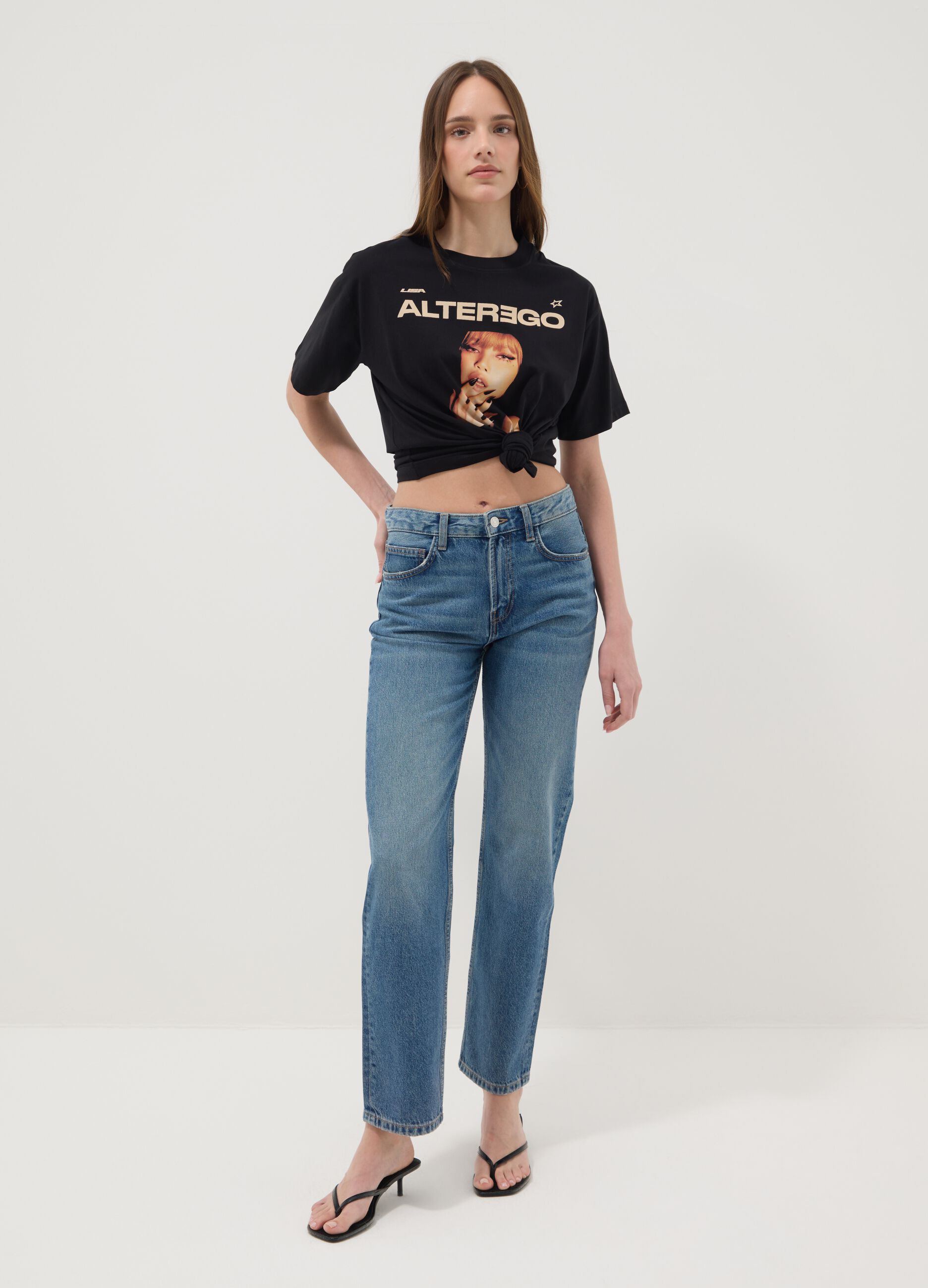 Black pure cotton regular-fit T-shirt with print