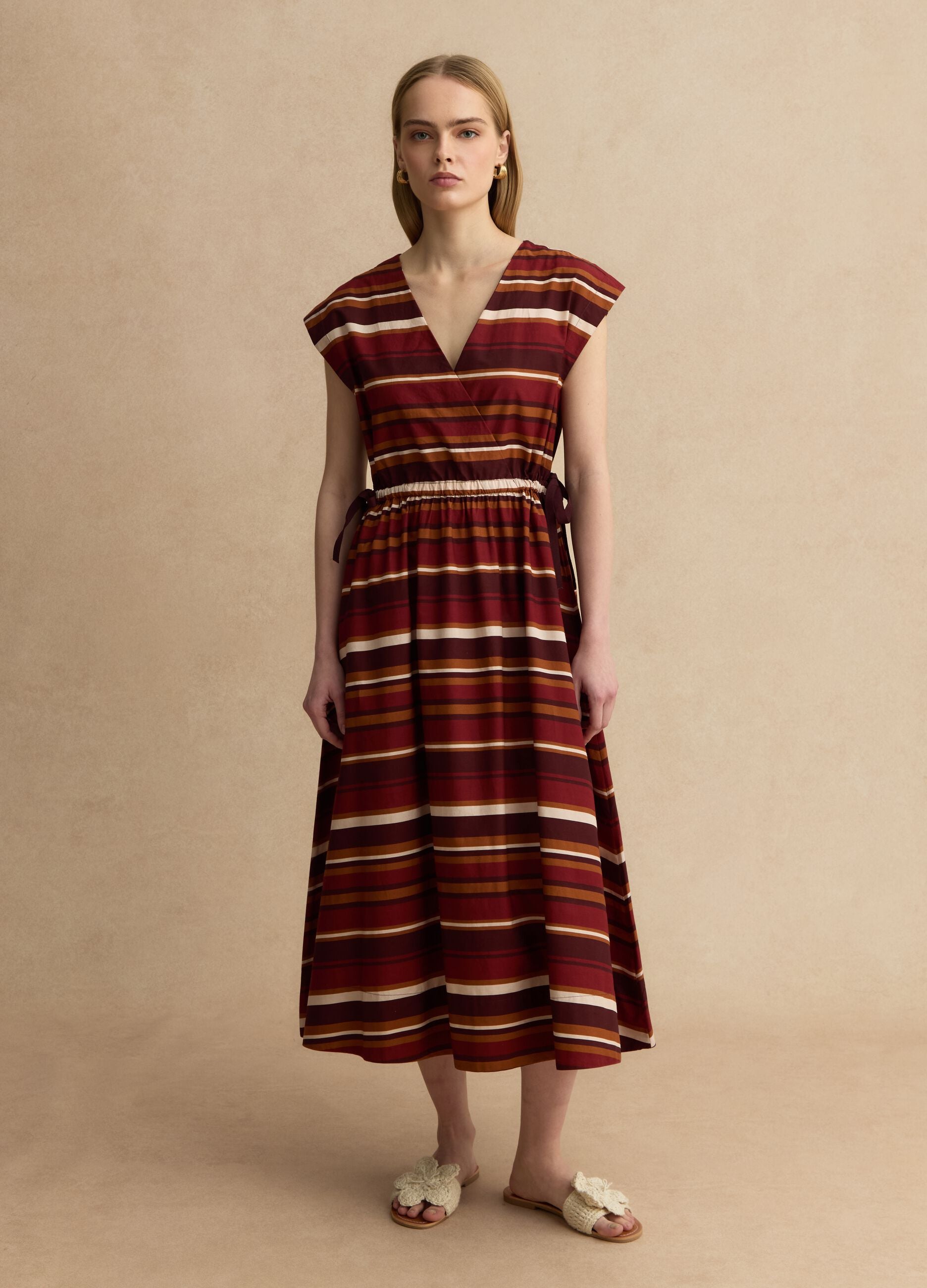Multicolour striped pure cotton dress with regular fit and V-neck