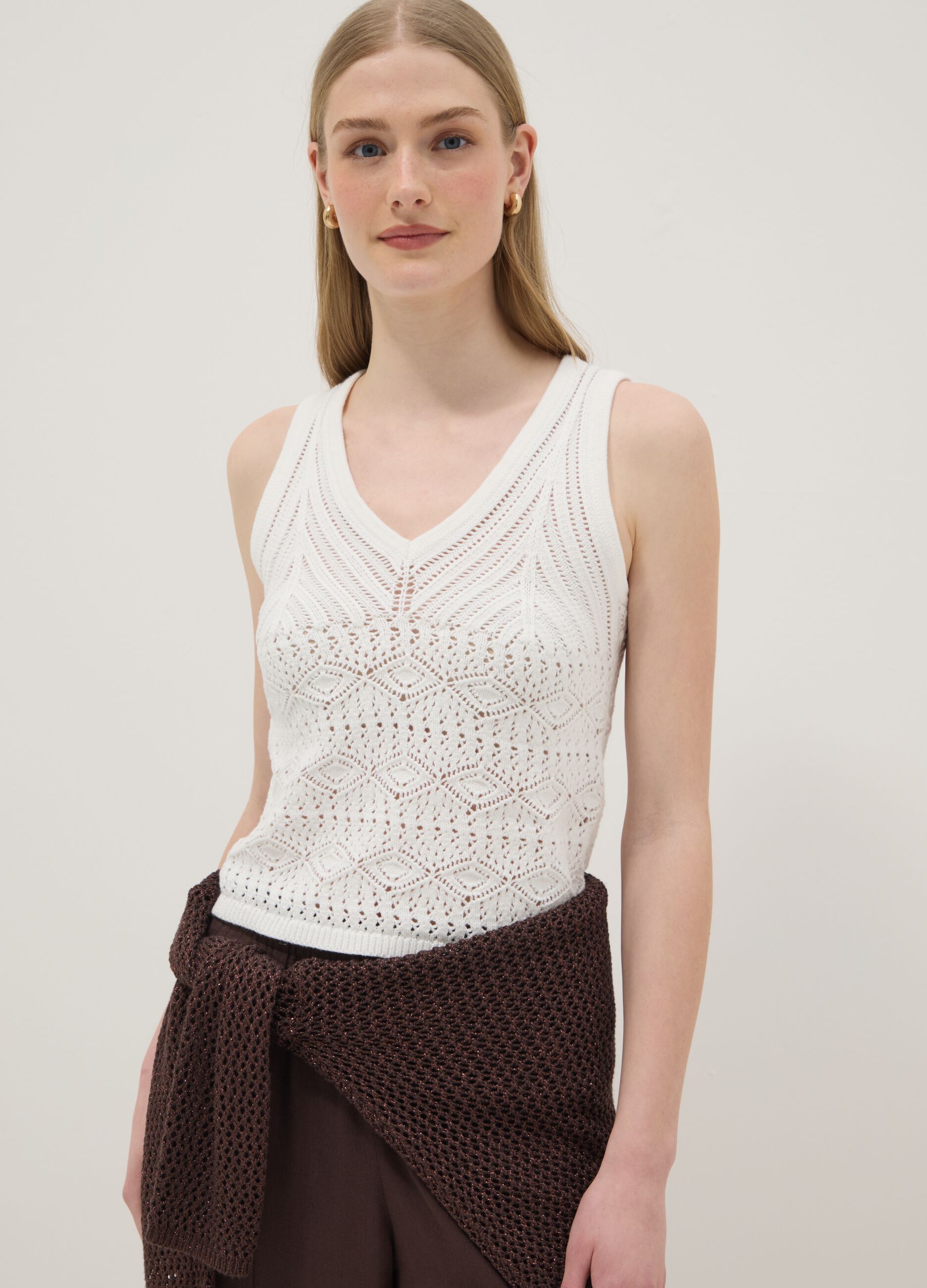 White pure cotton regular-fit tank top with openwork knit pattern