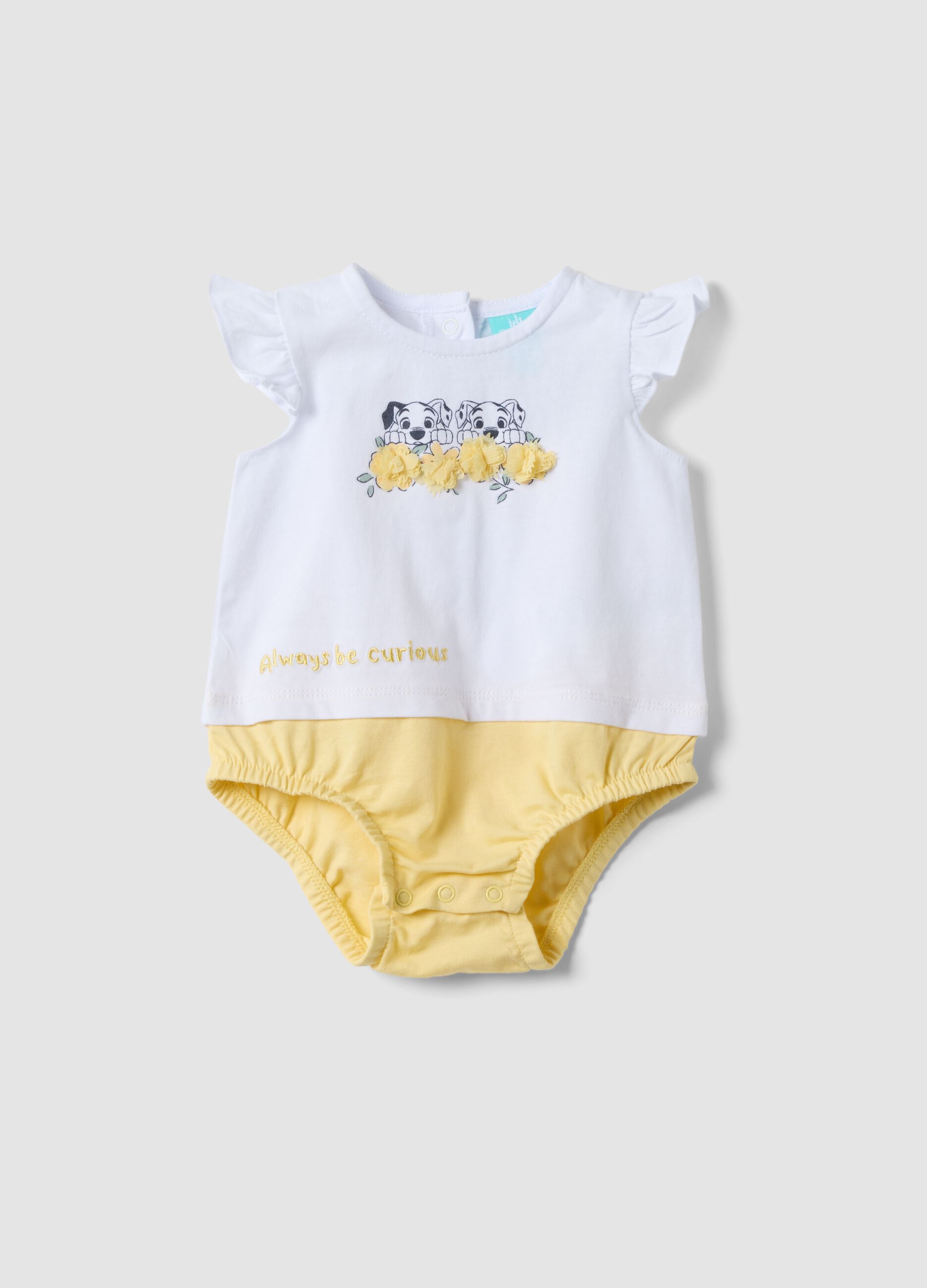 Yellow and white organic cotton baby bodysuit with frills