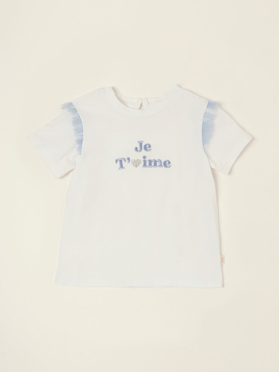 T-shirt bianca in cotone elasticizzato con volant_0