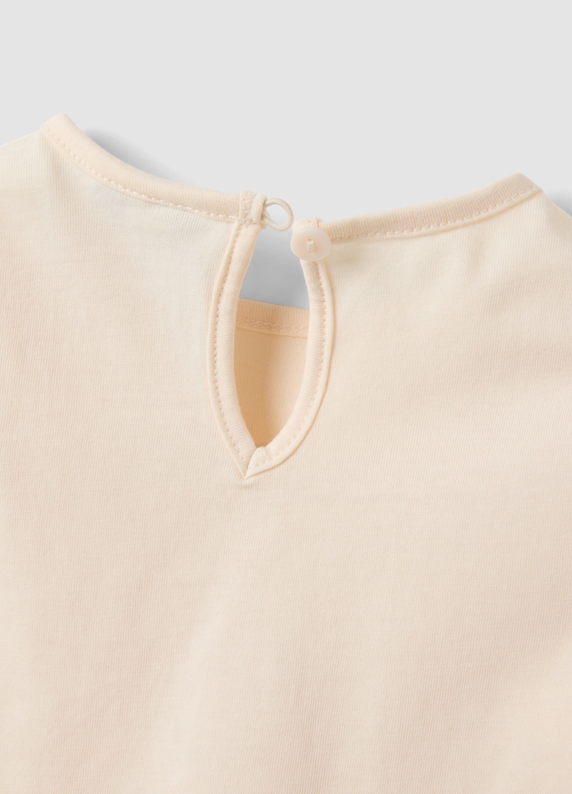 Beige organic cotton T-shirt with teddy bear print for baby girl