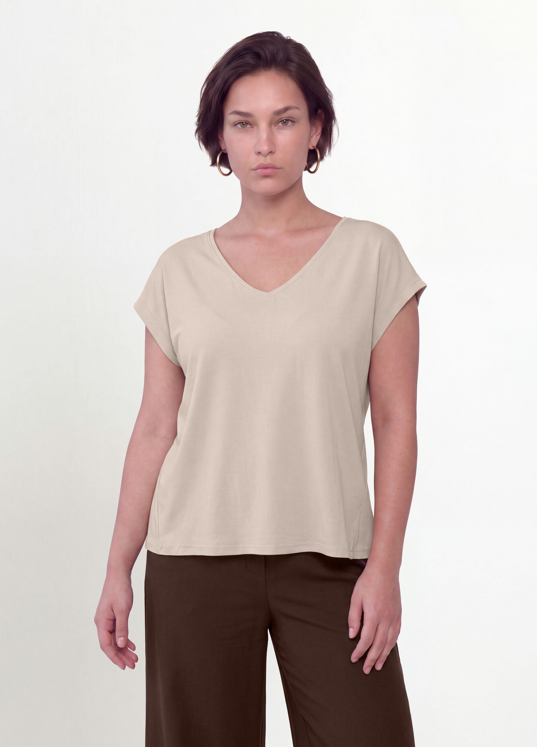 Beige pure viscose V-neck T-shirt, regular fit