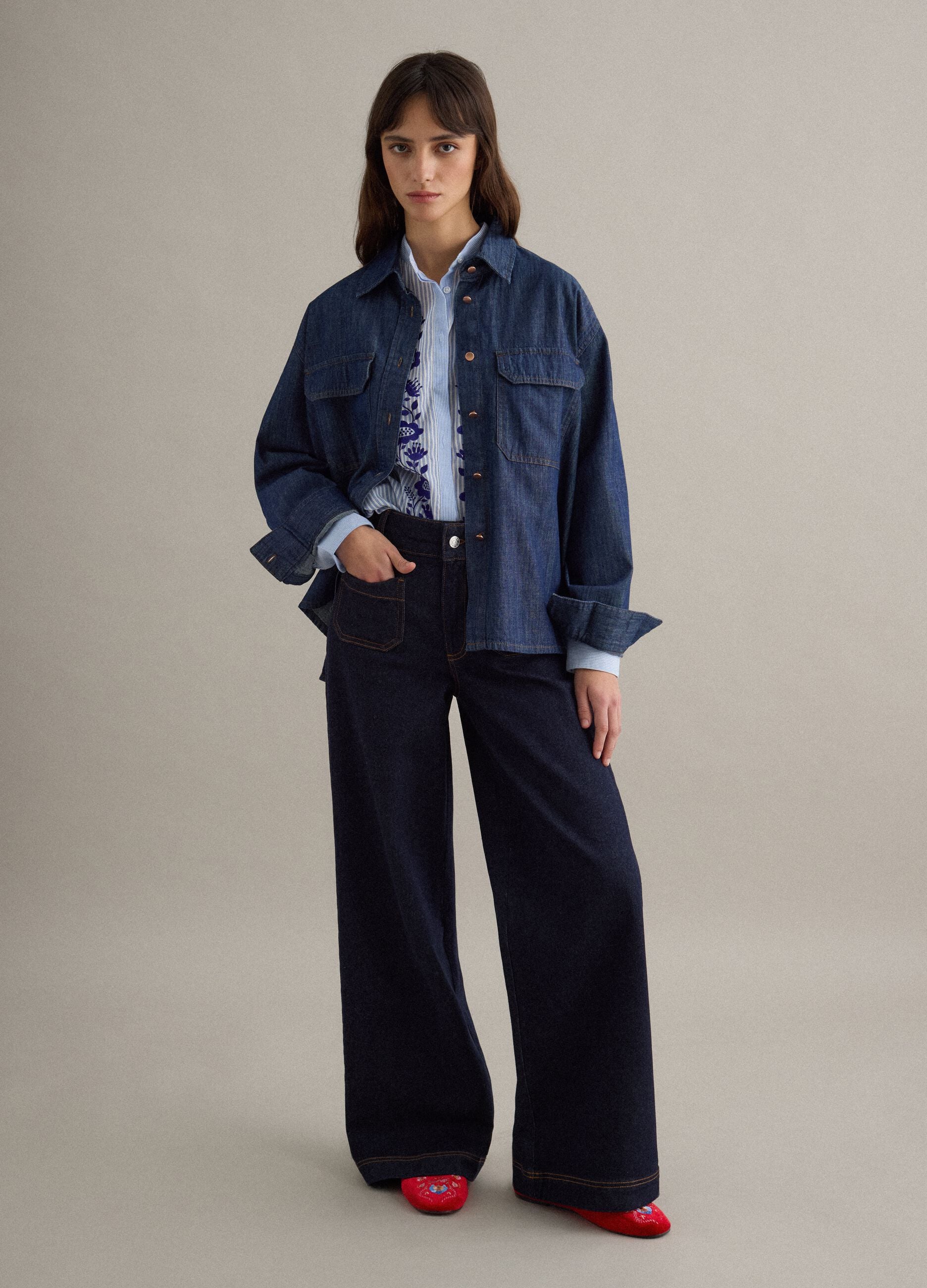 Regular fit blouse in pure blue denim cotton