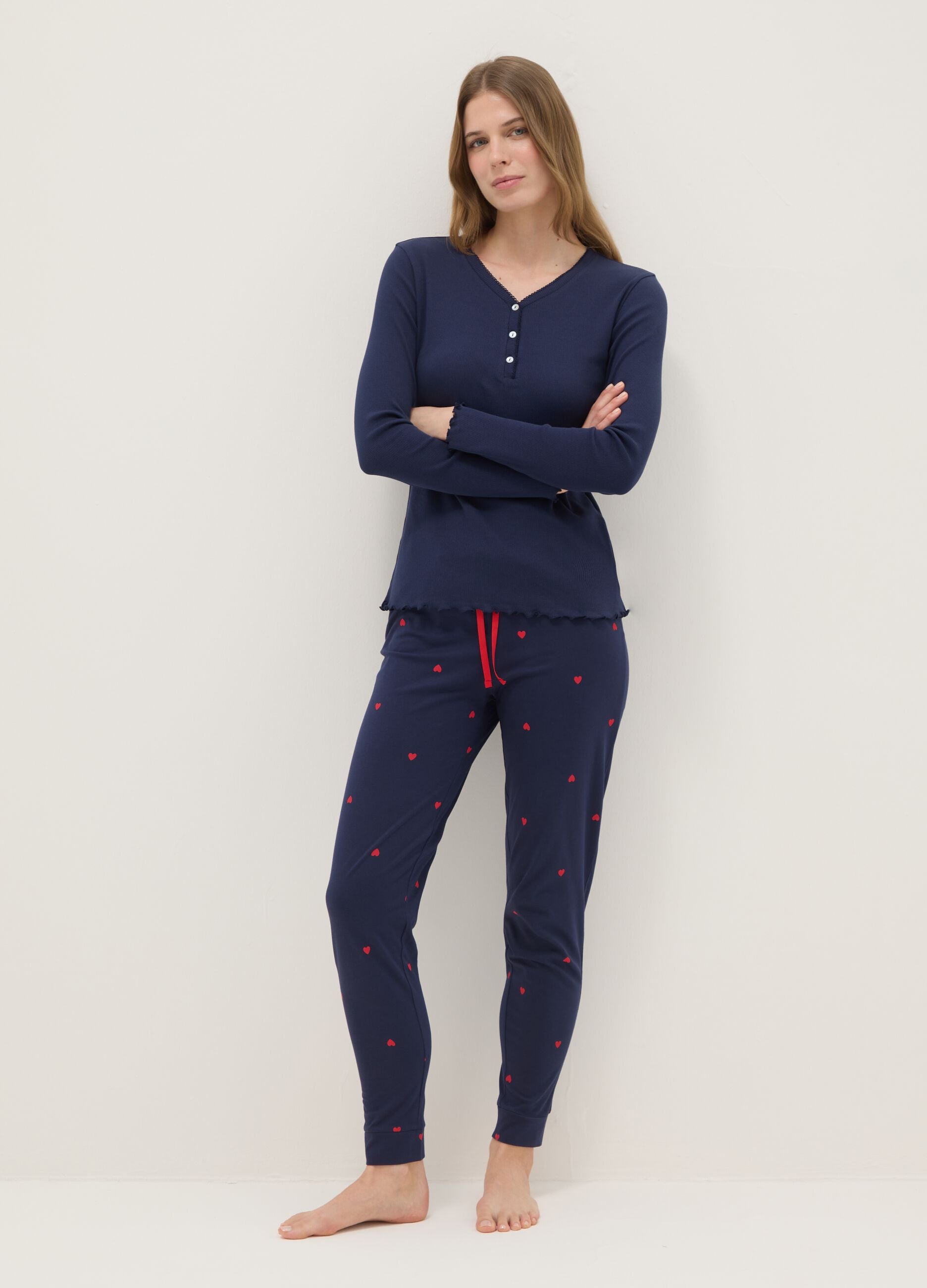 Blue pure cotton regular fit pyjama trousers with little hearts