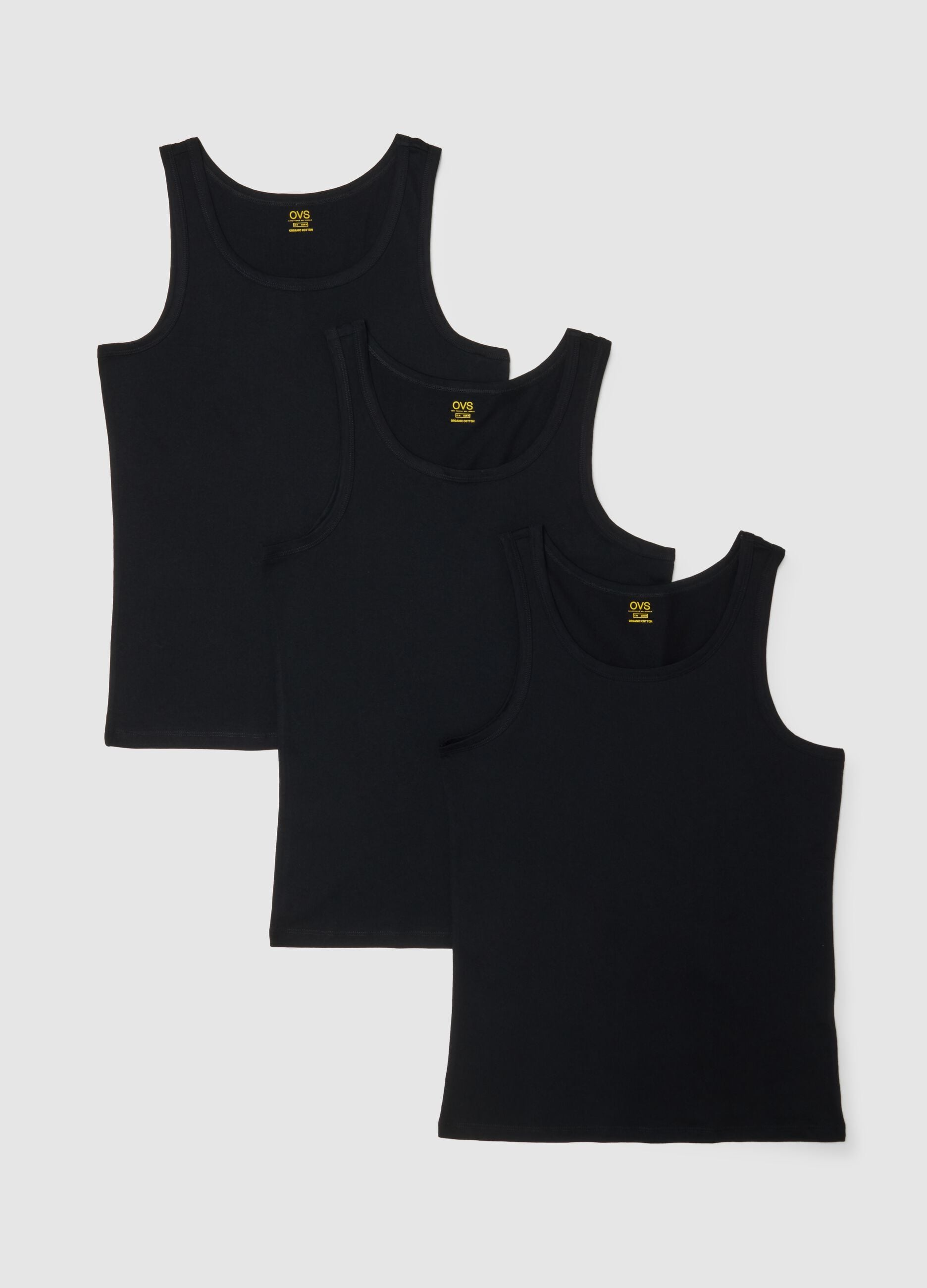 Pack of three black pure cotton tank tops regular fit