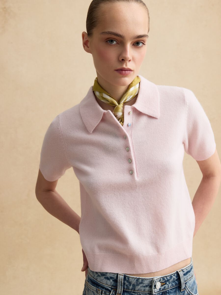 Regular fit pure wool pink jumper with polo collar_0