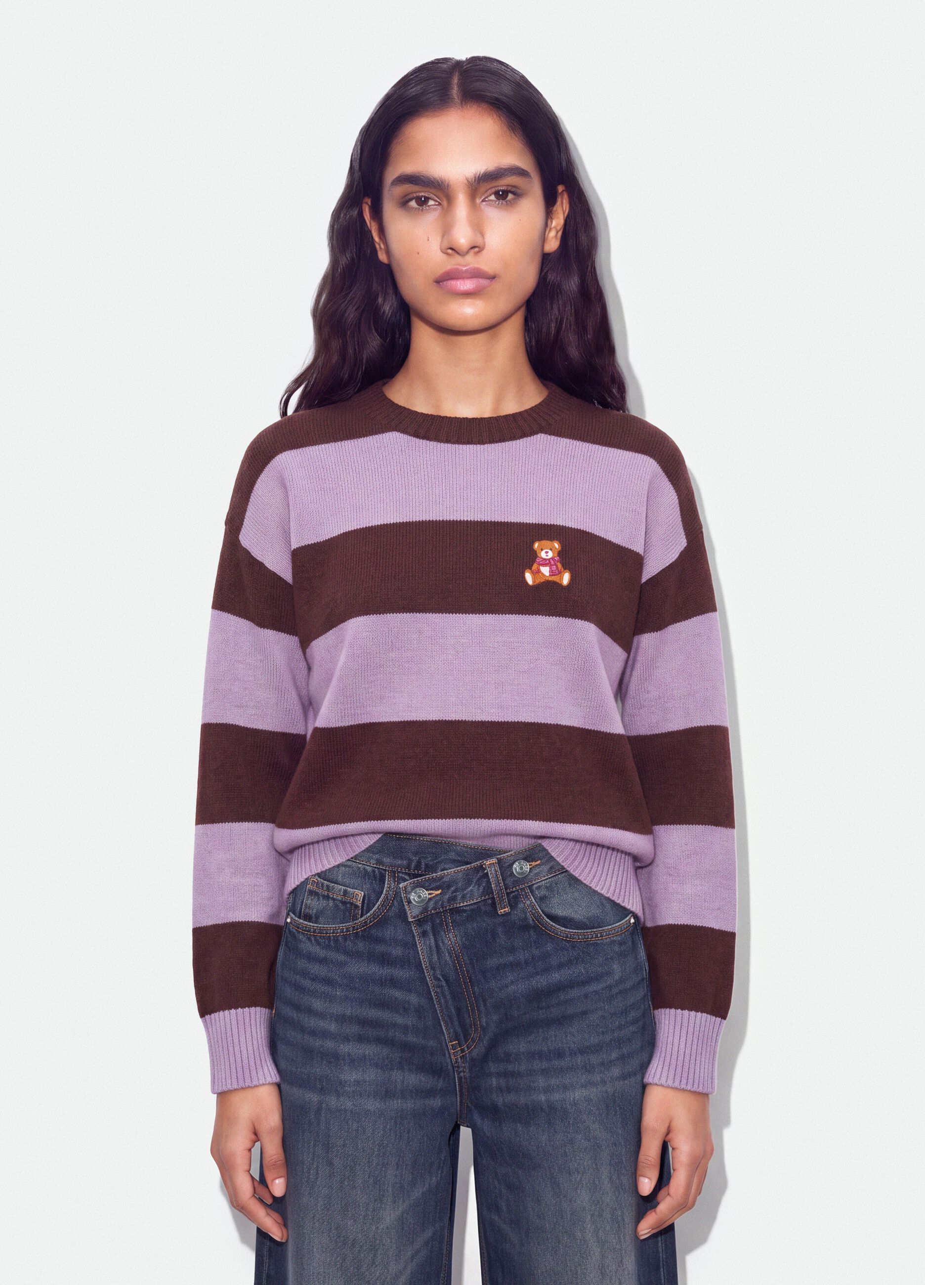 Multicoloured striped viscose-blend jumper with teddy bear embroidery, regular fit