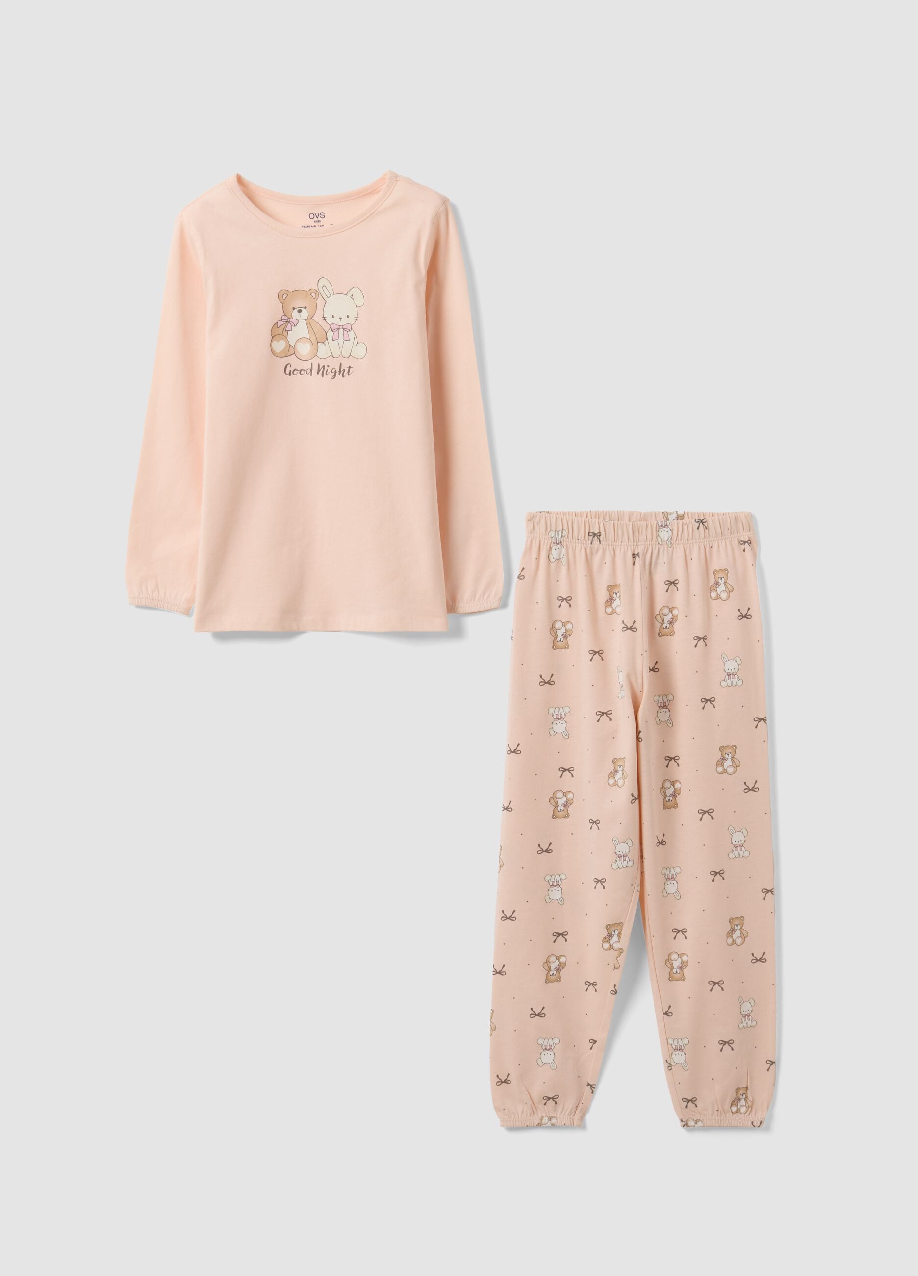Pink organic cotton pyjamas with crew neck and cute animal print