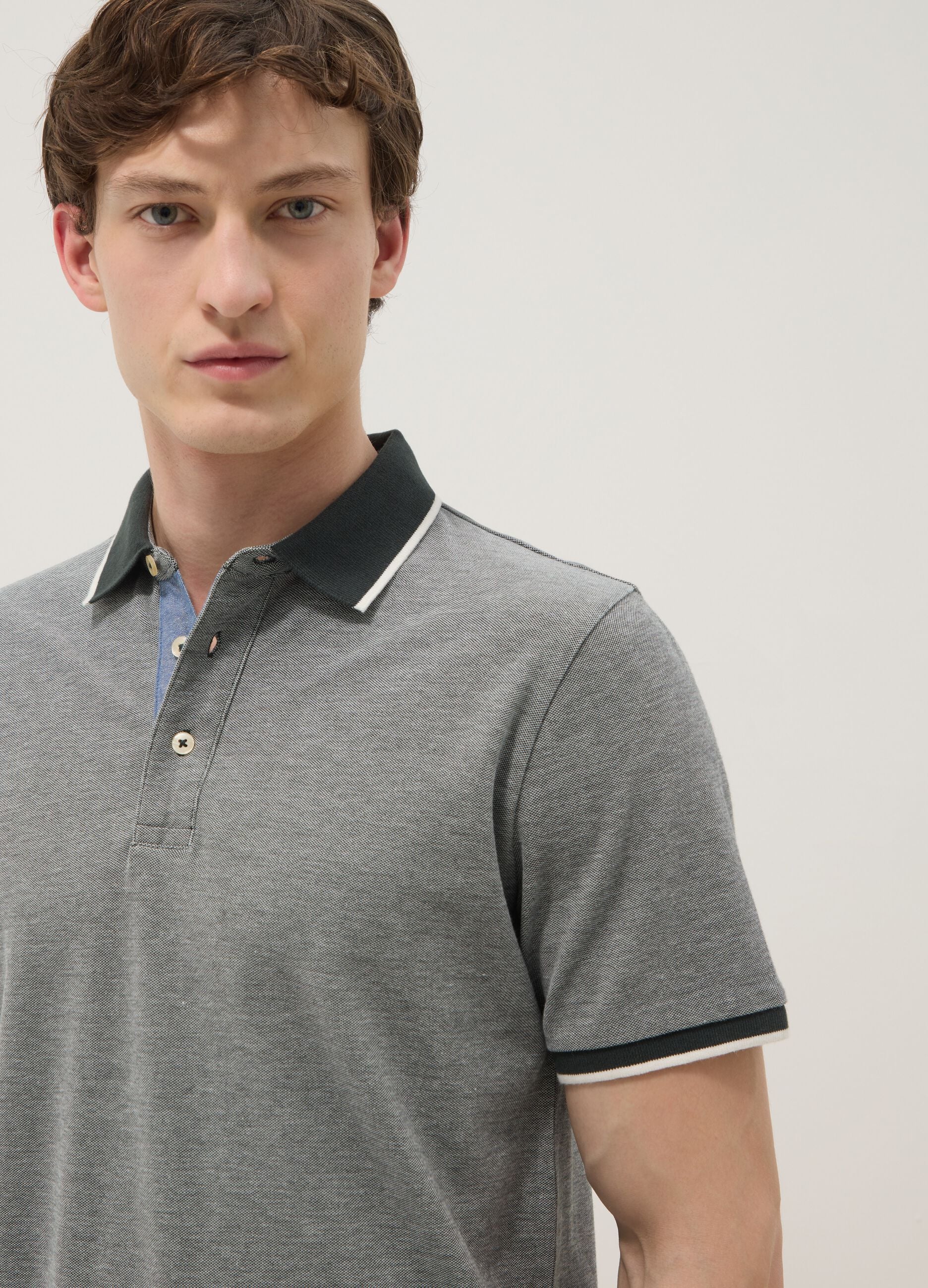 Grey pure cotton polo shirt with classic collar