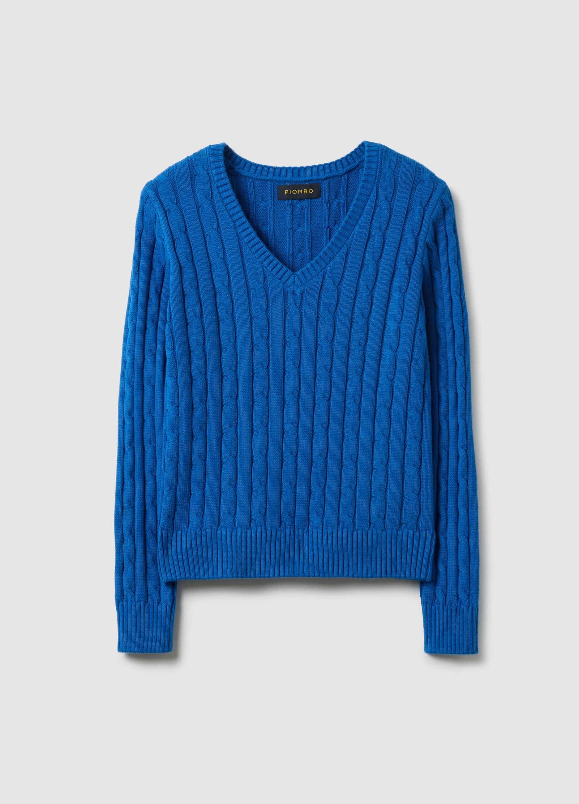 Blue pure cotton regular fit pullover with cable knit