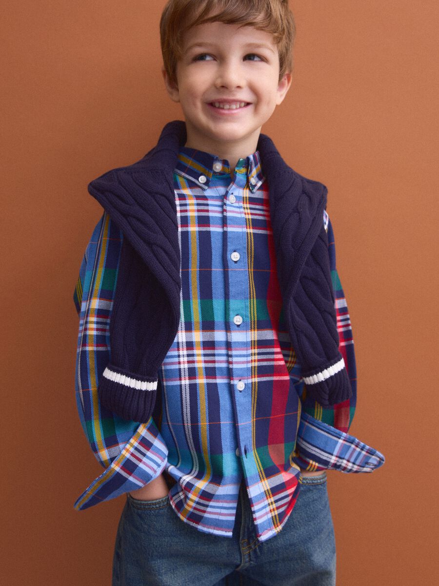 Multicolour pure cotton checked shirt with classic button-down collar_0