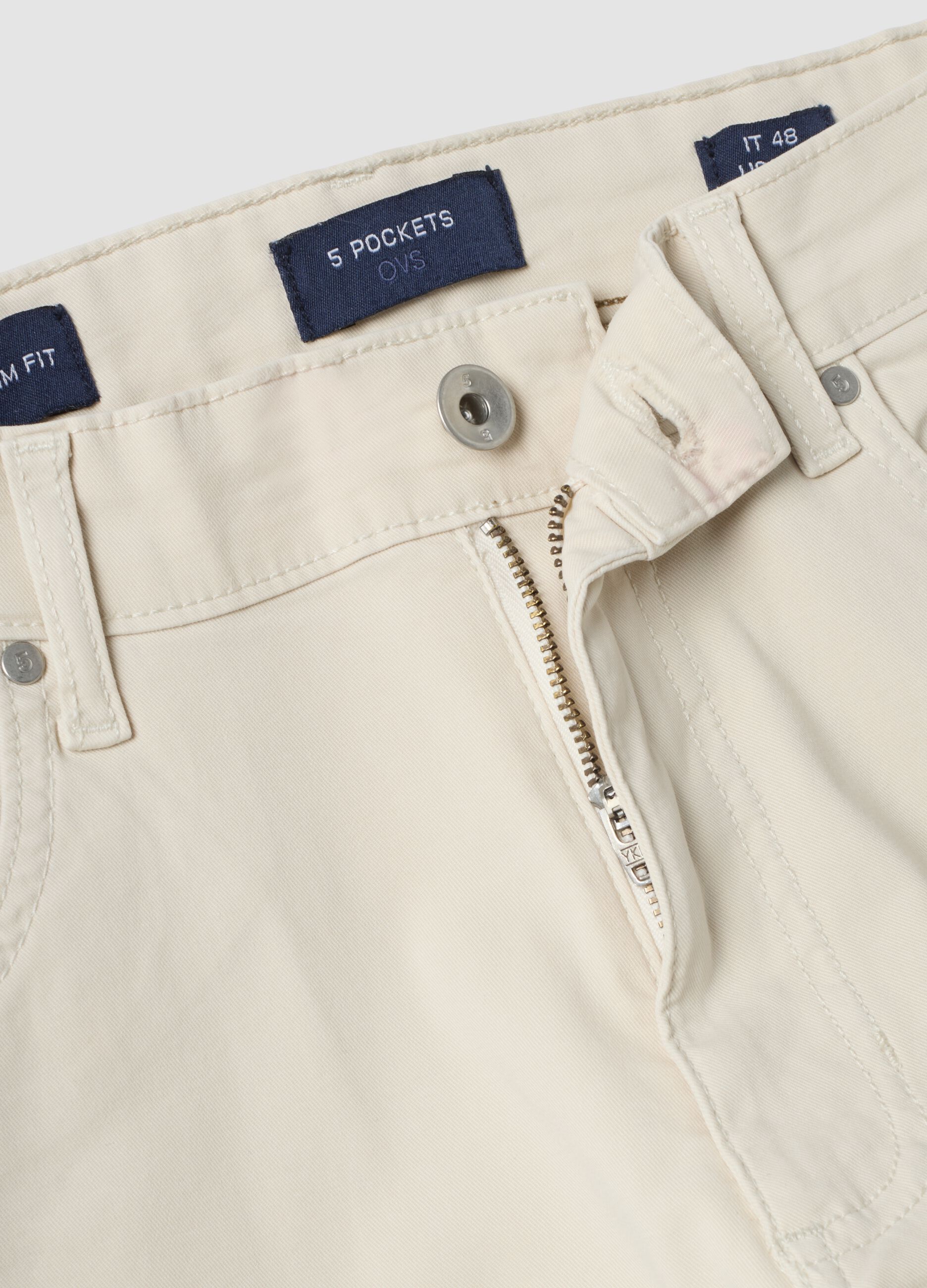 Beige slim-fit stretch cotton twill trousers