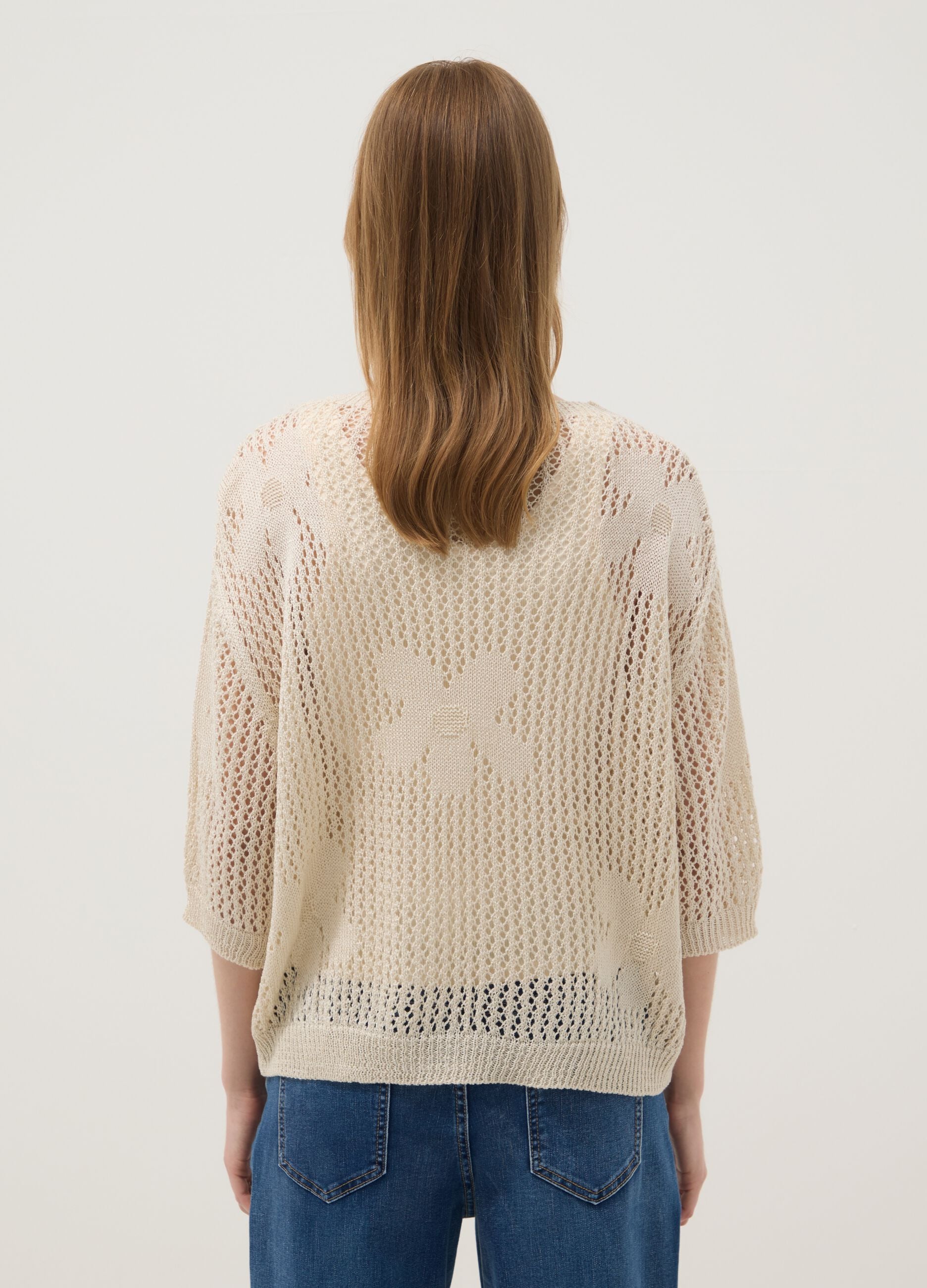 Beige open-knit floral regular-fit top