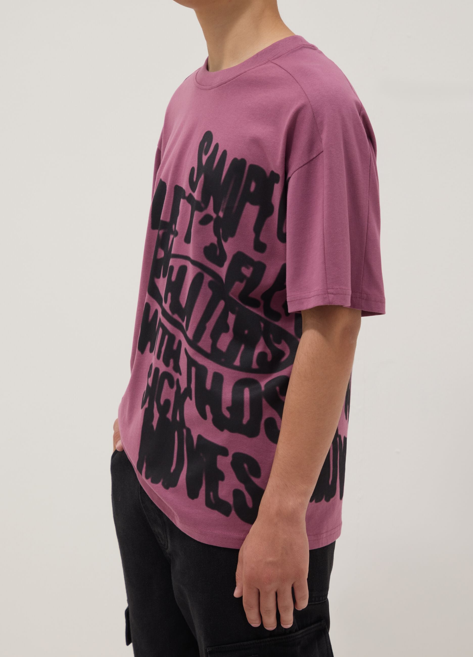 Purple pure cotton boys&rsquo; oversized T-shirt with print