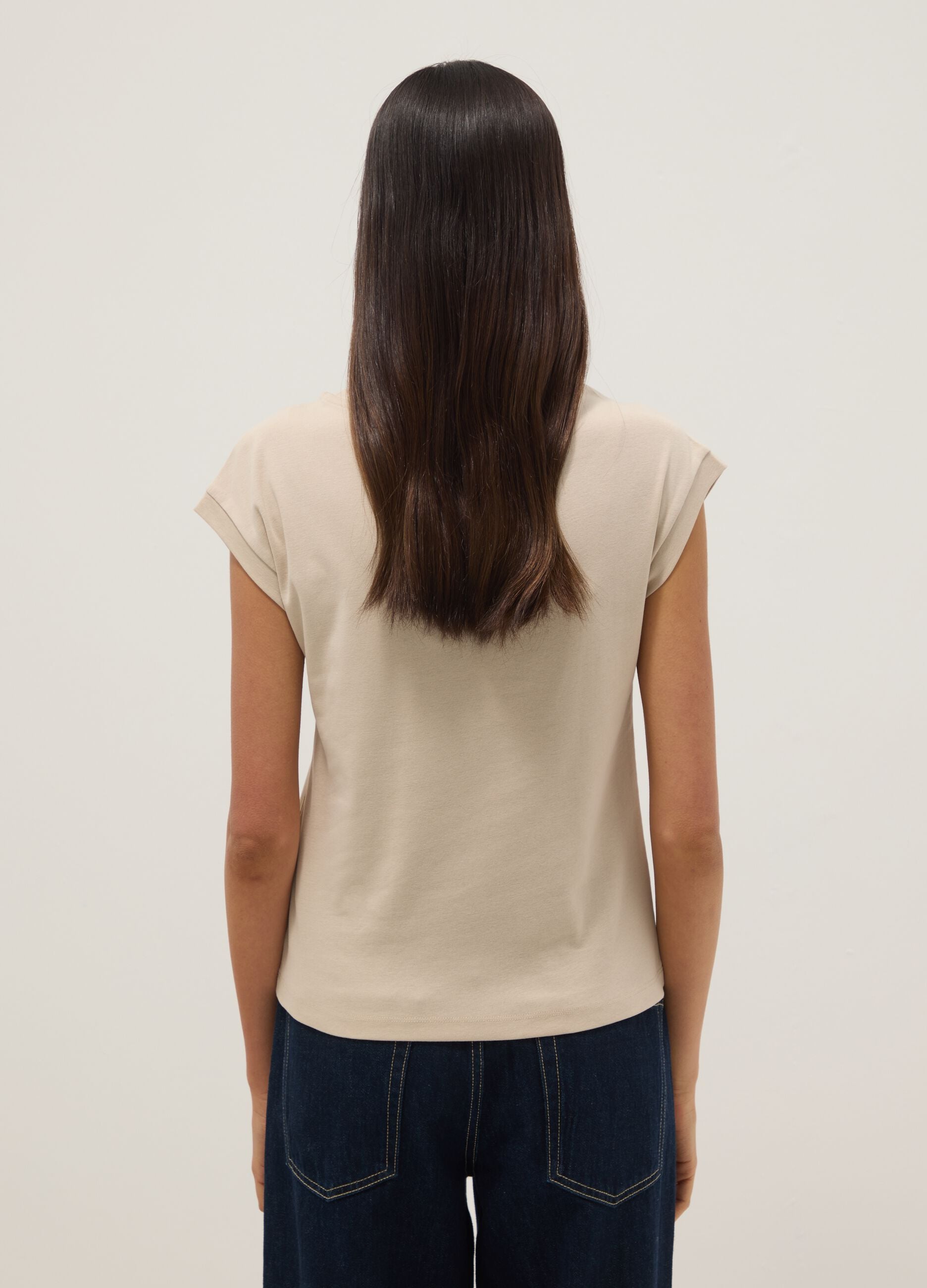 Beige pure cotton T-shirt with openwork inserts