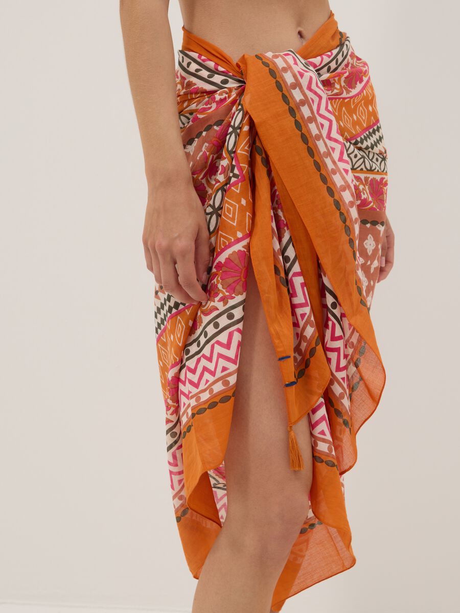 Orange pure cotton pareo with patterned print_3
