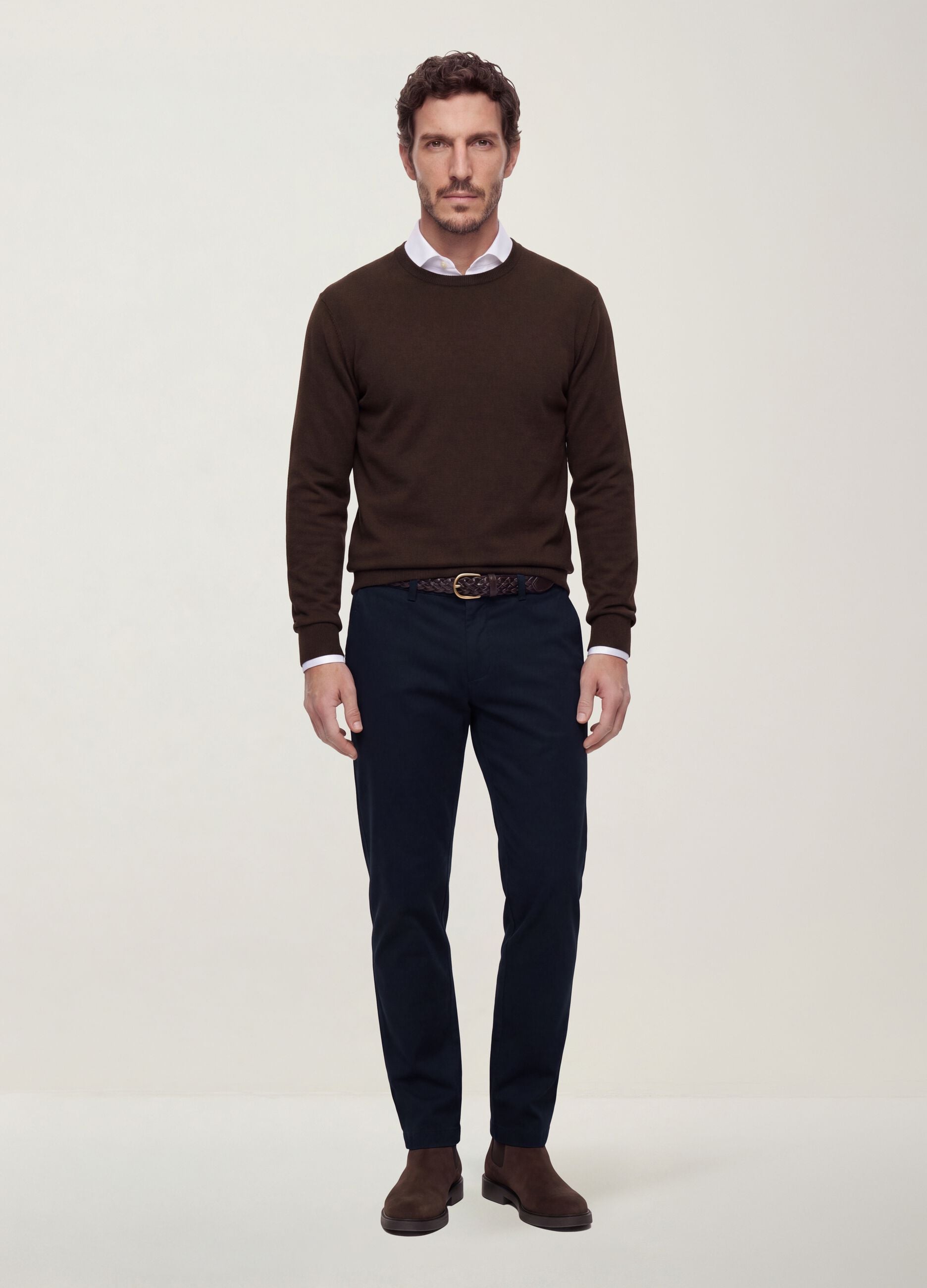 Brown crew-neck viscose-blend jumper, regular fit