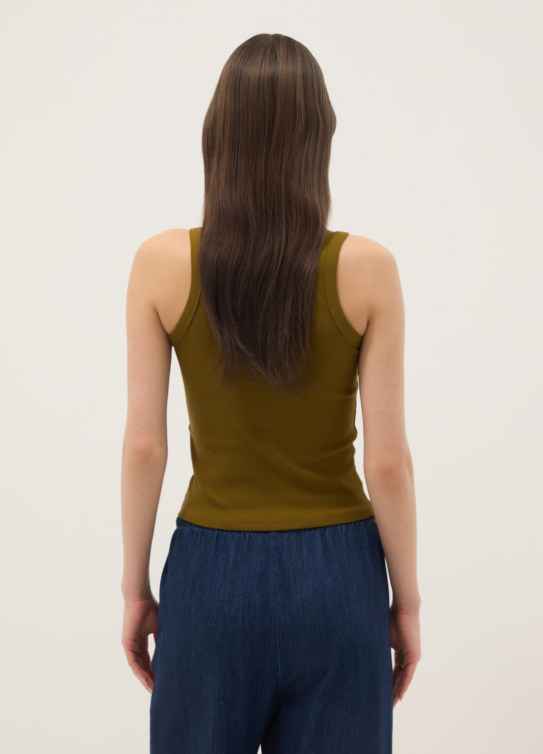 Green fitted ribbed stretch cotton tank top
