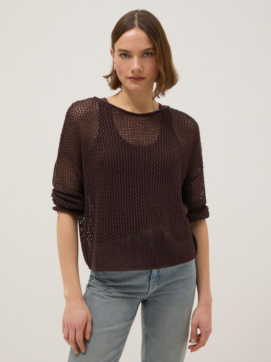 Brown regular fit viscose blend sweater with knit design_0