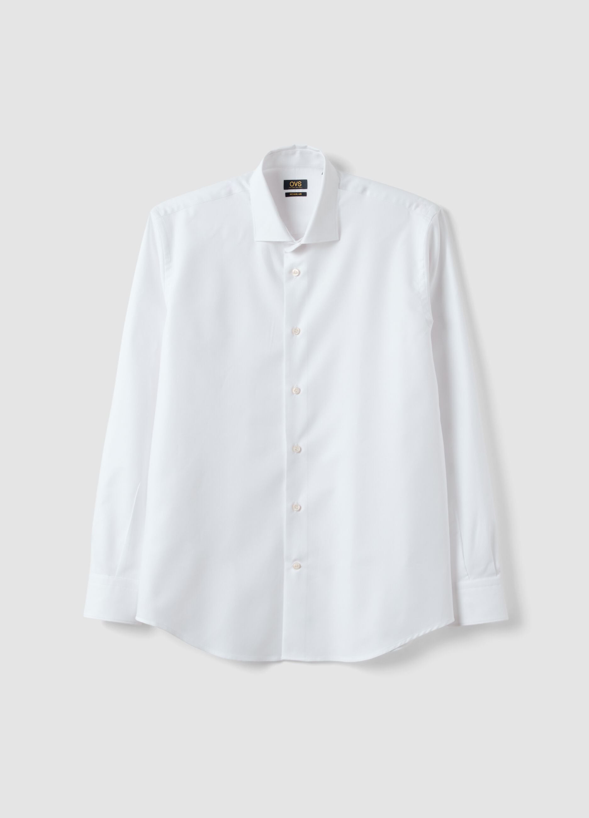 White pure compact cotton shirt with classic collar, regular fit