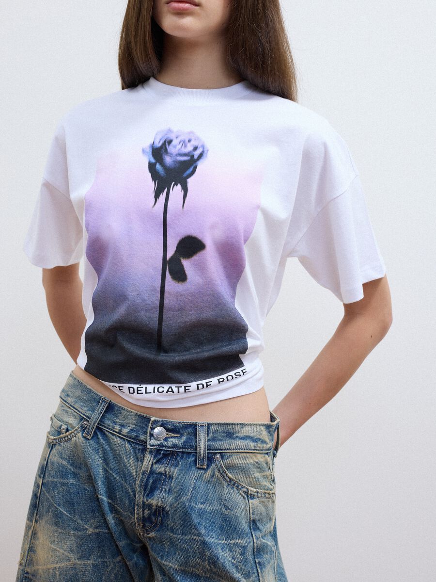 White pure cotton T-shirt with floral print, regular fit_2