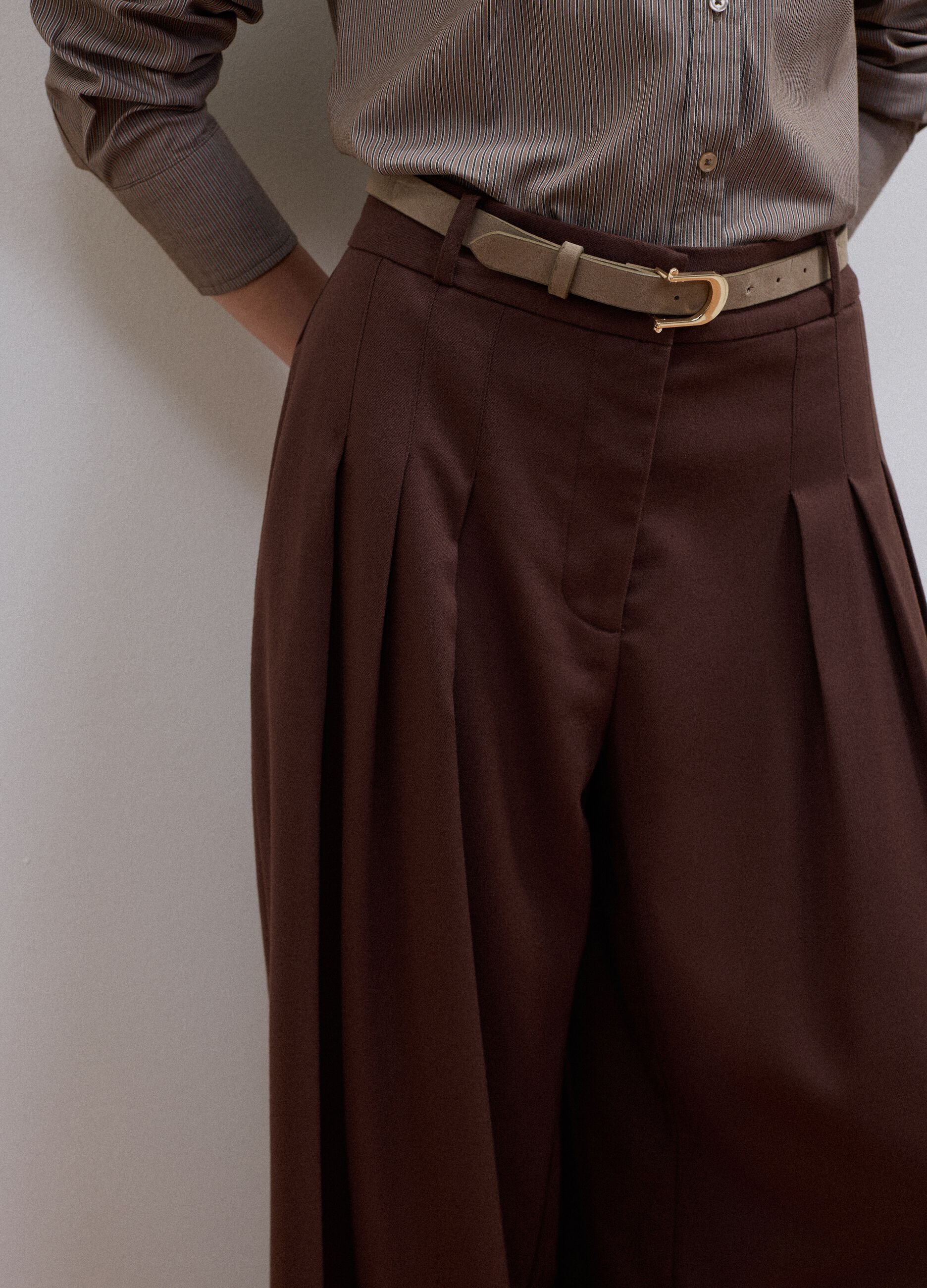 Brown wide-leg formal trousers in stretch viscose with belt