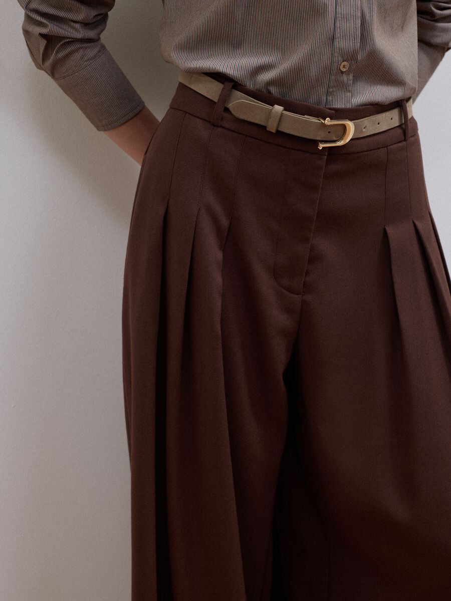 Brown wide-leg formal trousers in stretch viscose with belt_3
