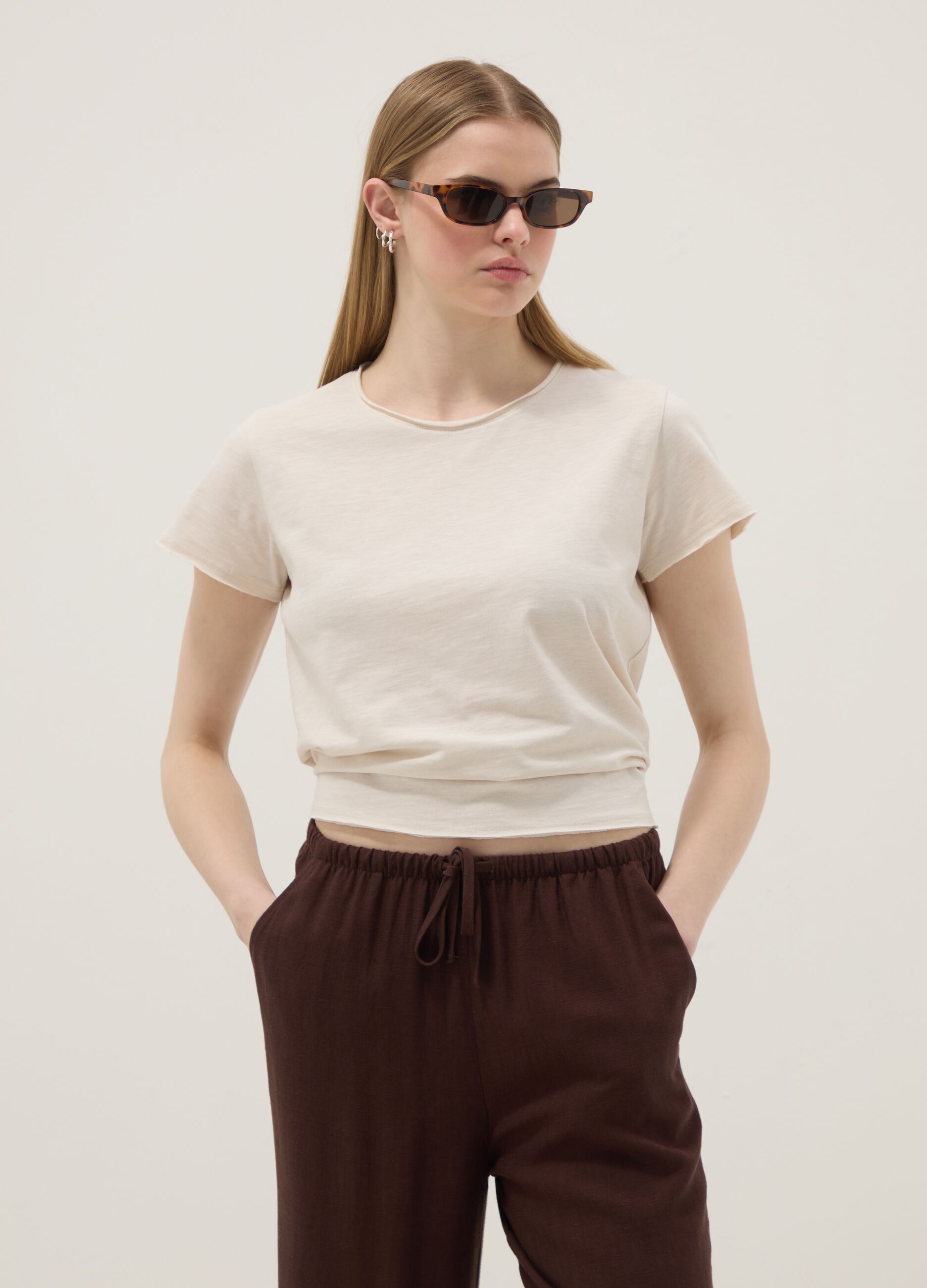 Beige pure cotton short-sleeve T-shirt, regular fit