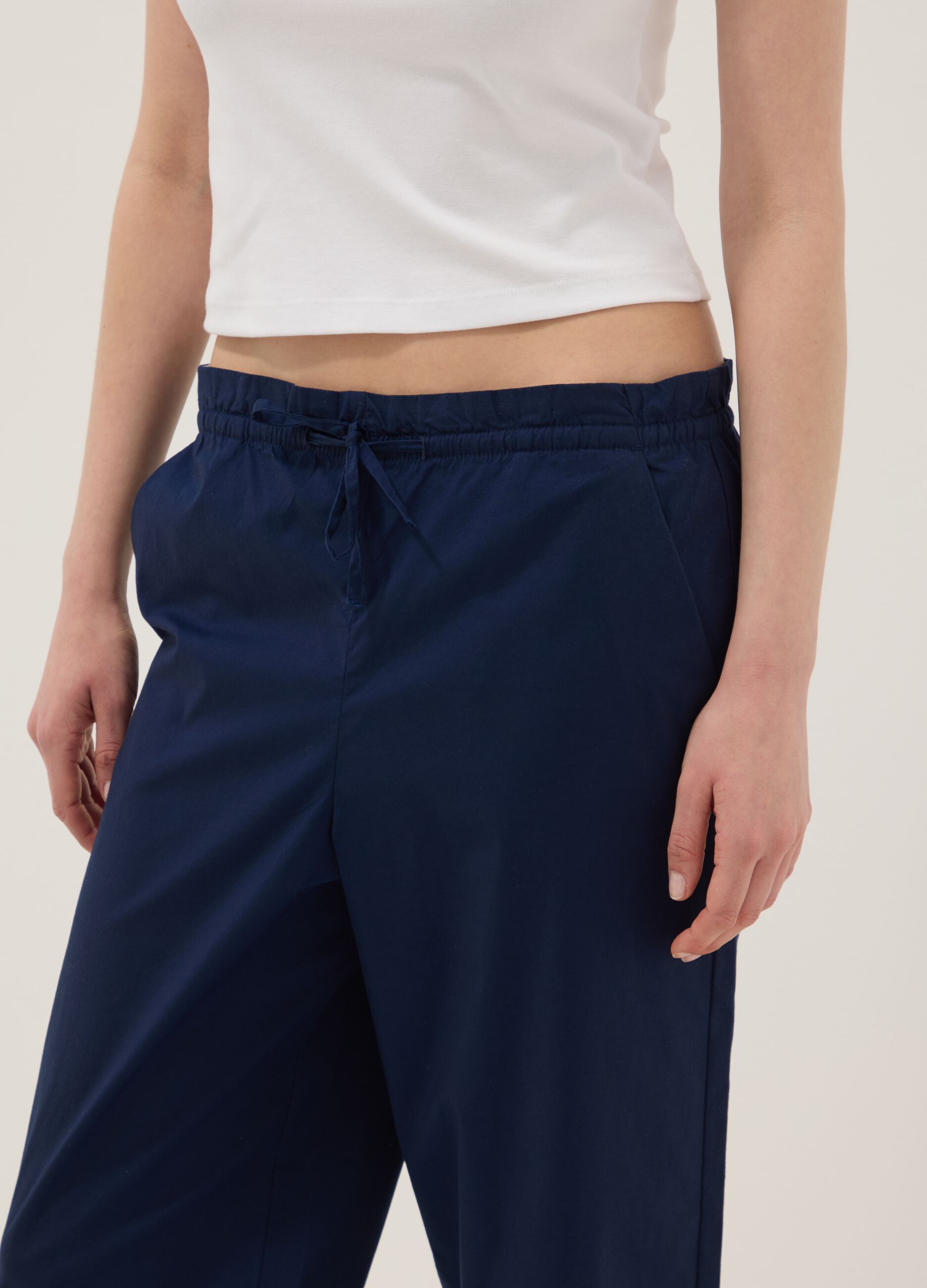 Blue stretch-cotton trousers with elasticated waist