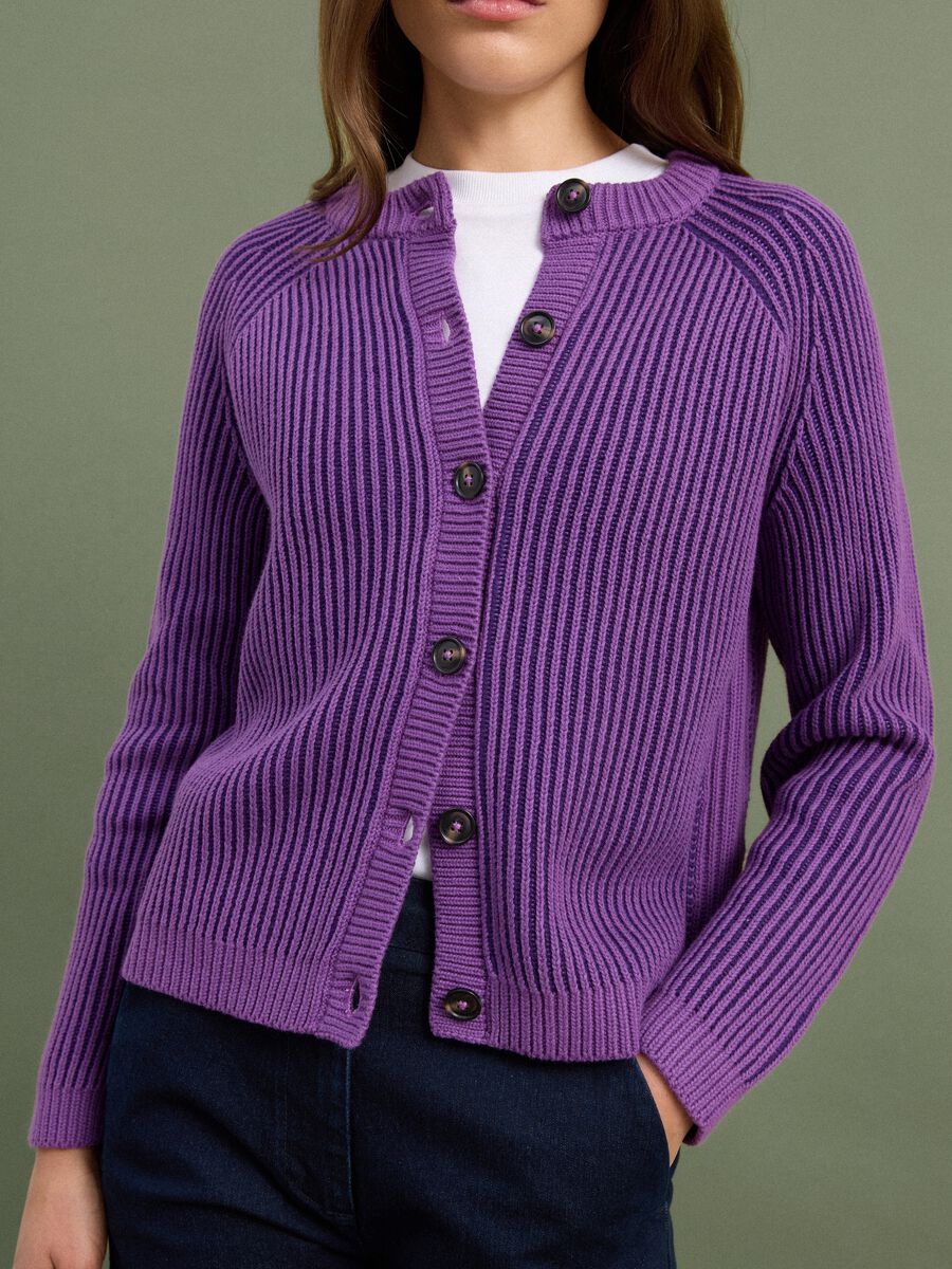 Purple pure cotton ribbed crew-neck cardigan_2