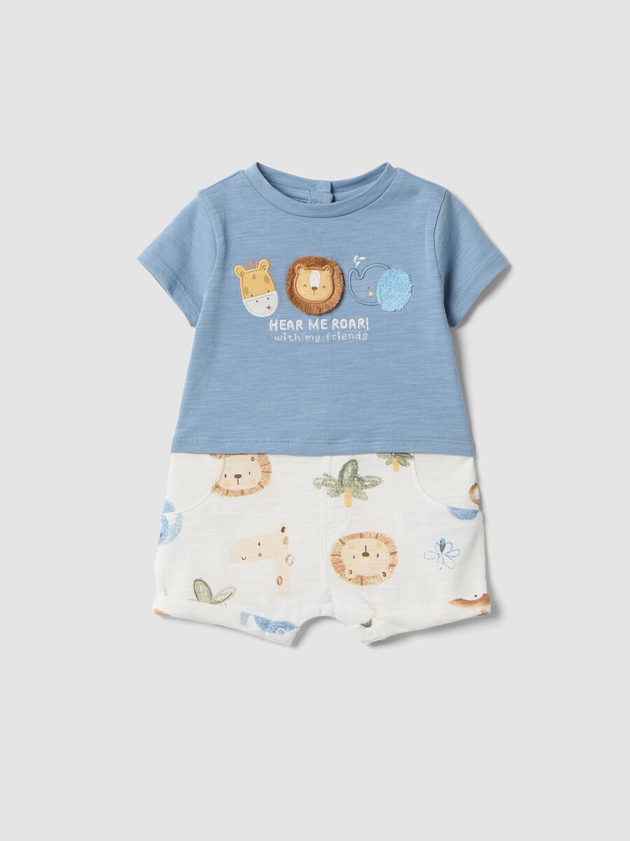 Sky-blue organic cotton romper with animal print for baby_0