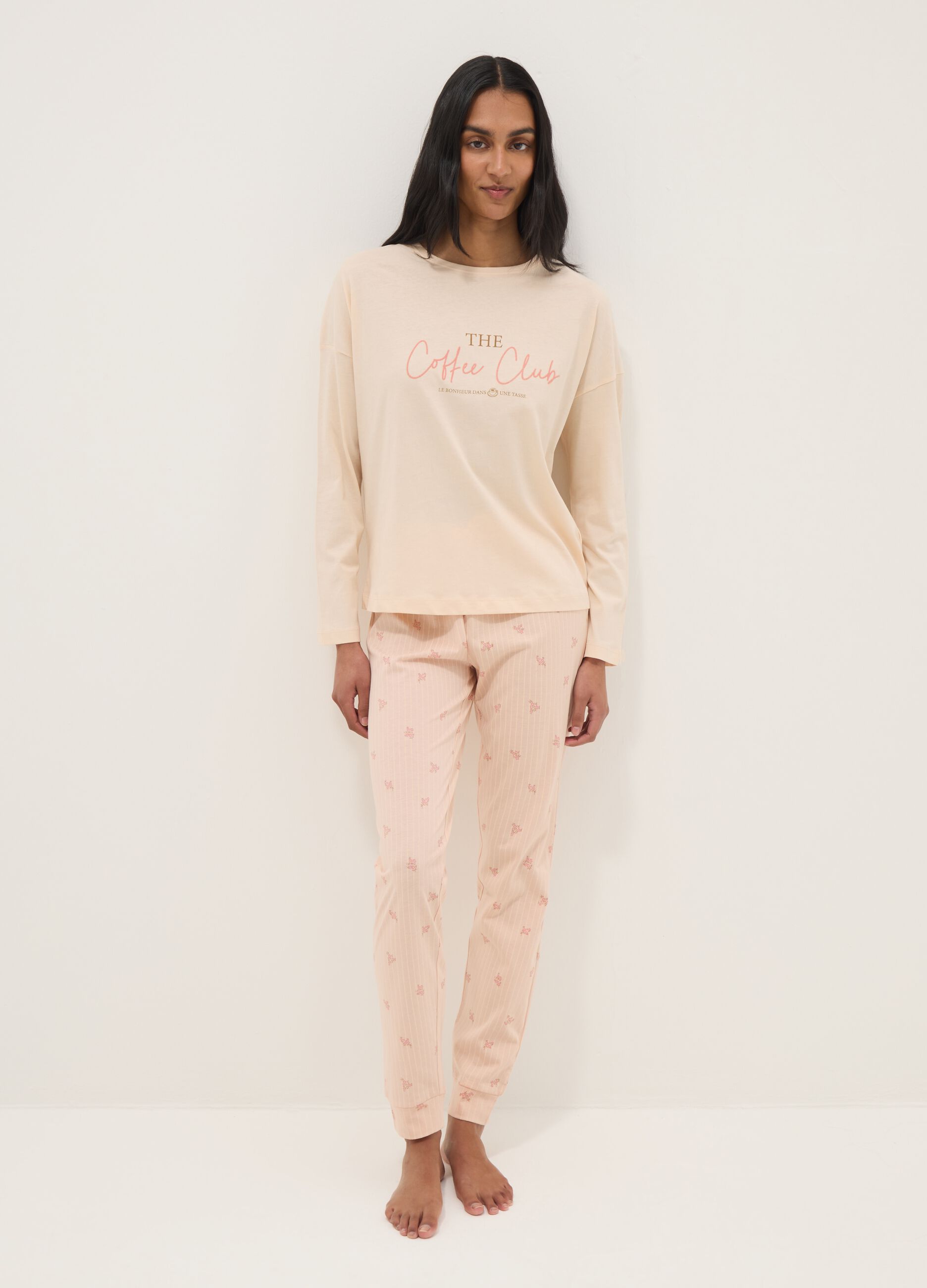 Pigiama in puro cotone beige regular fit con scritta
