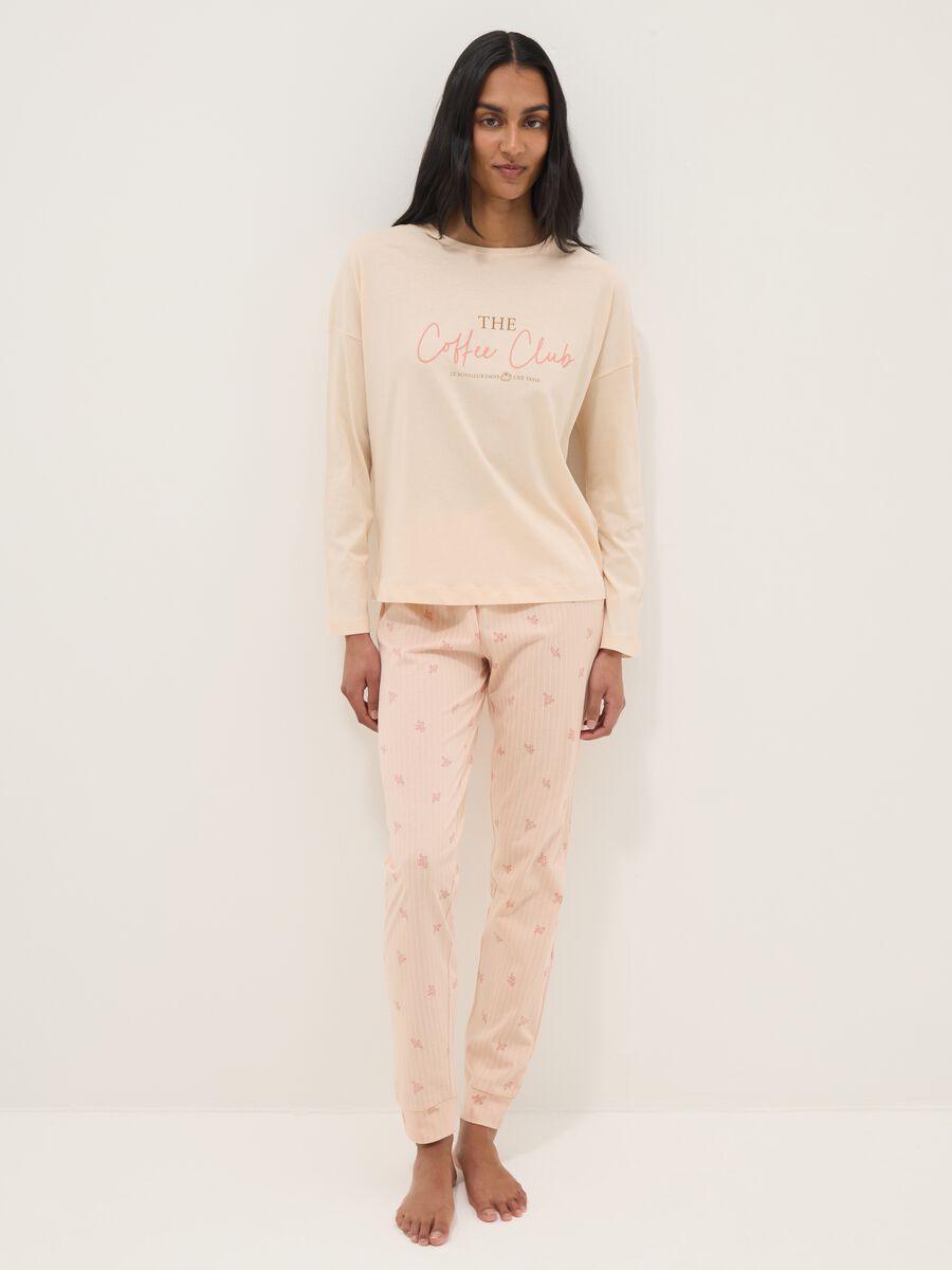 Pigiama in puro cotone beige regular fit con scritta_0