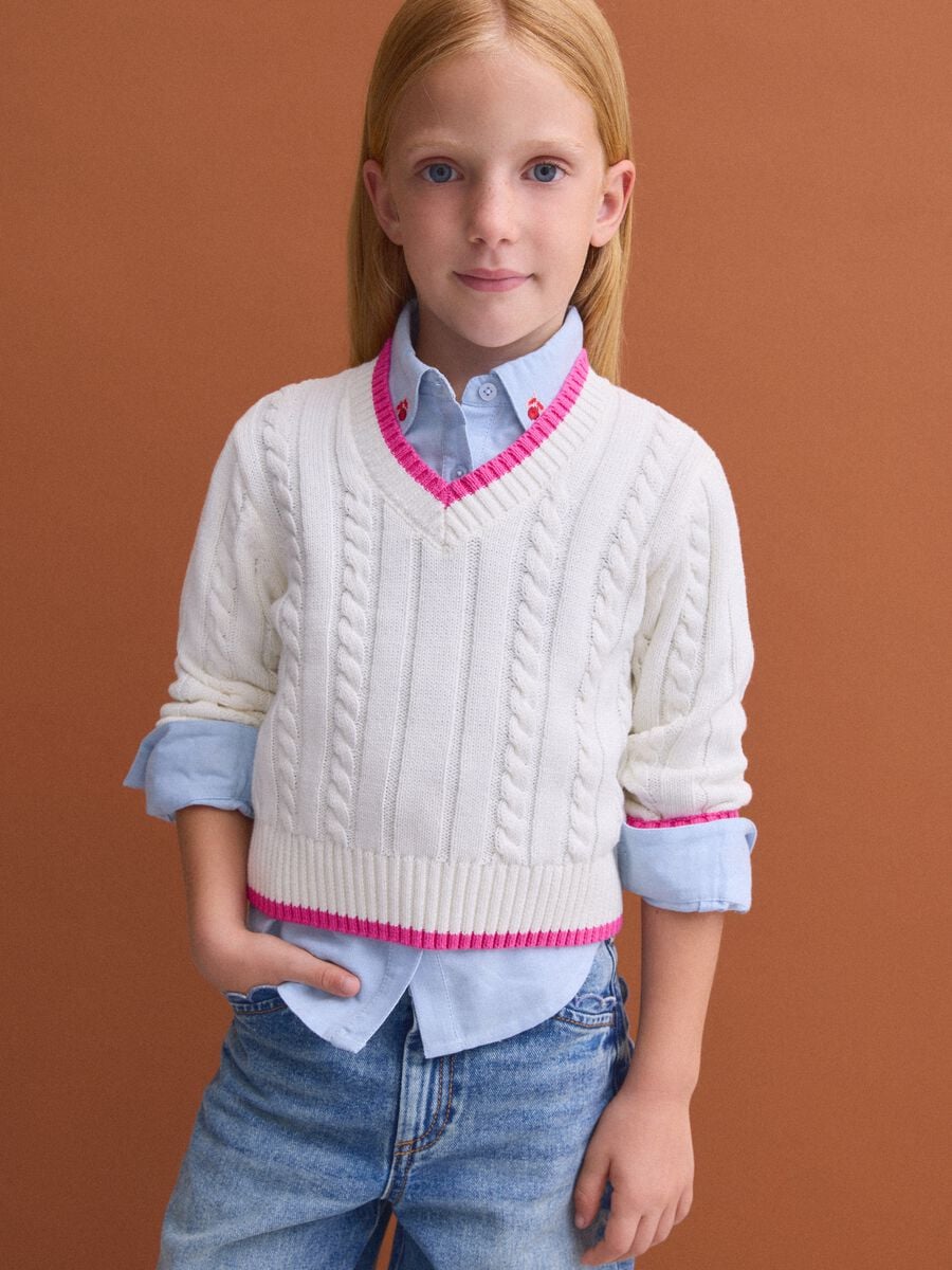 White pure cotton cable-knit V-neck jumper for girls_0