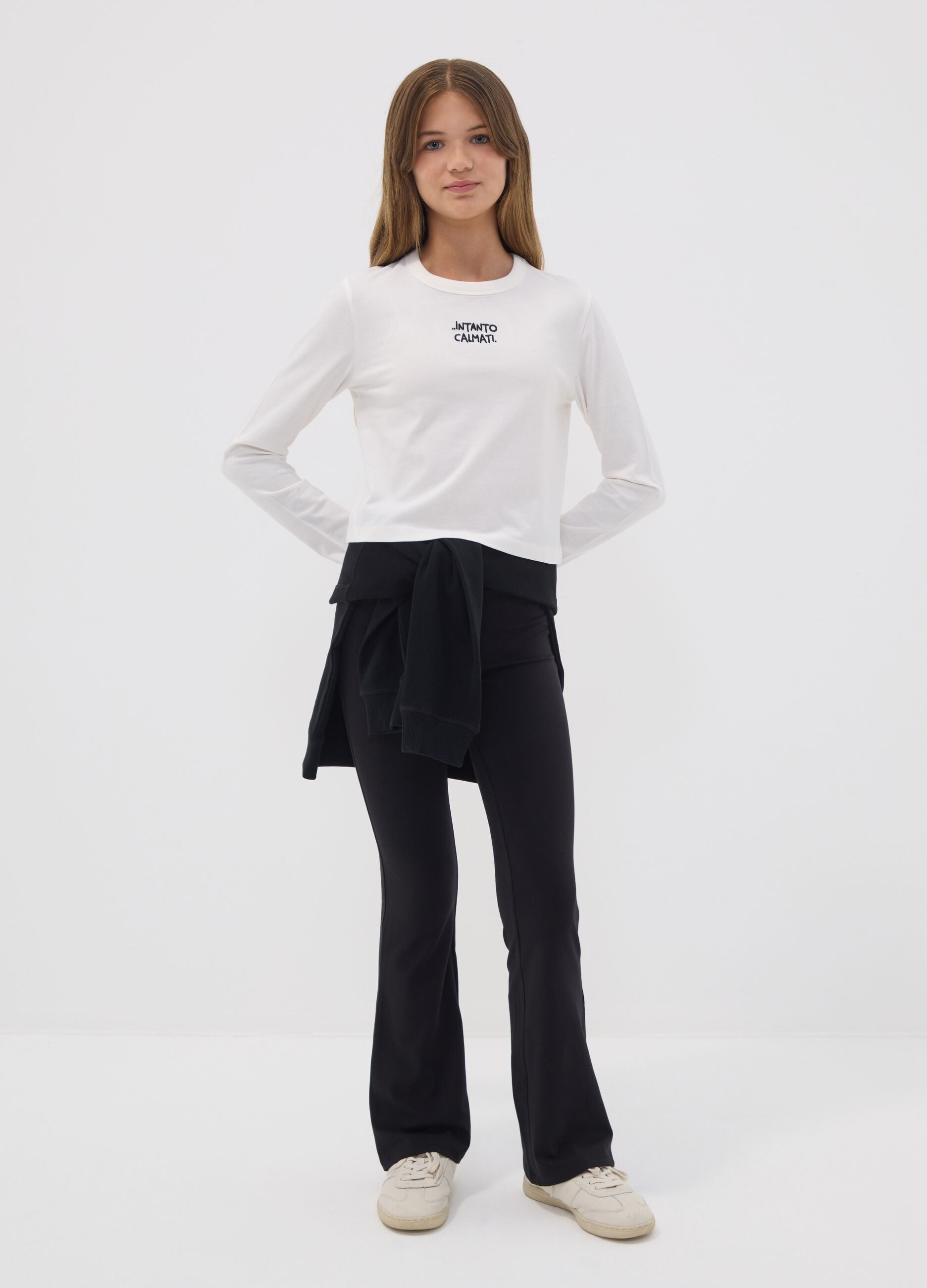 Girls&rsquo; black flared leggings in stretchy organic cotton