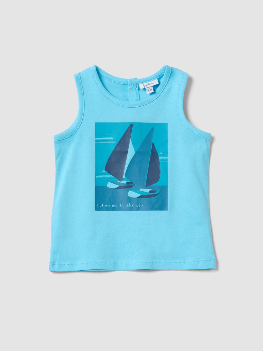 Canotta azzurra in puro cotone da bimbo regular fit con stampa vela_0